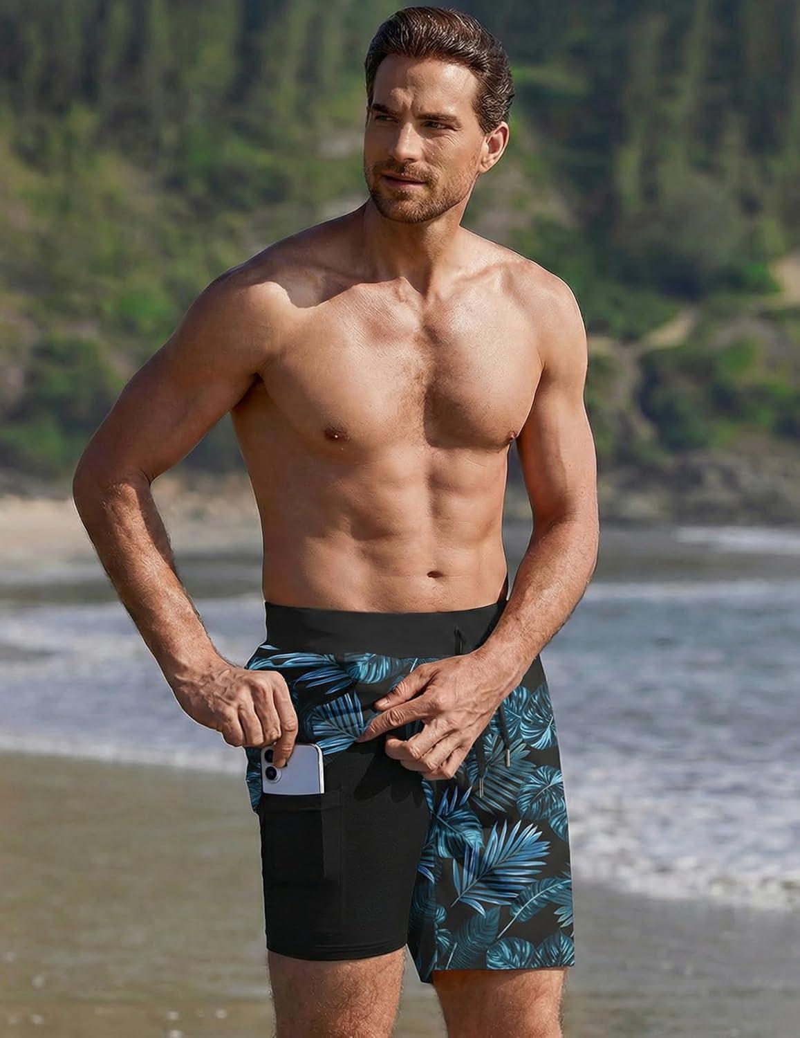imageEkouaer Mens 7 Swim Trunks Swimwear Zip Pockets Beach Board Shorts Bathing Suits with Mesh LiningZ Black Blue Leaf