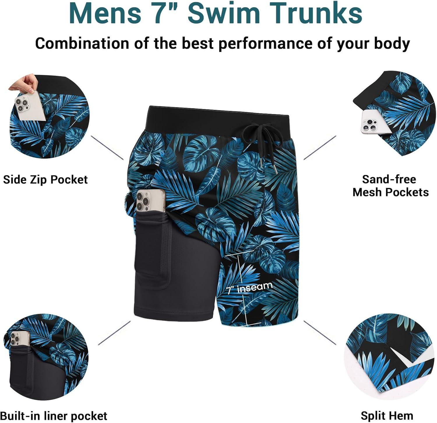 imageEkouaer Mens 7 Swim Trunks Swimwear Zip Pockets Beach Board Shorts Bathing Suits with Mesh LiningZ Black Blue Leaf
