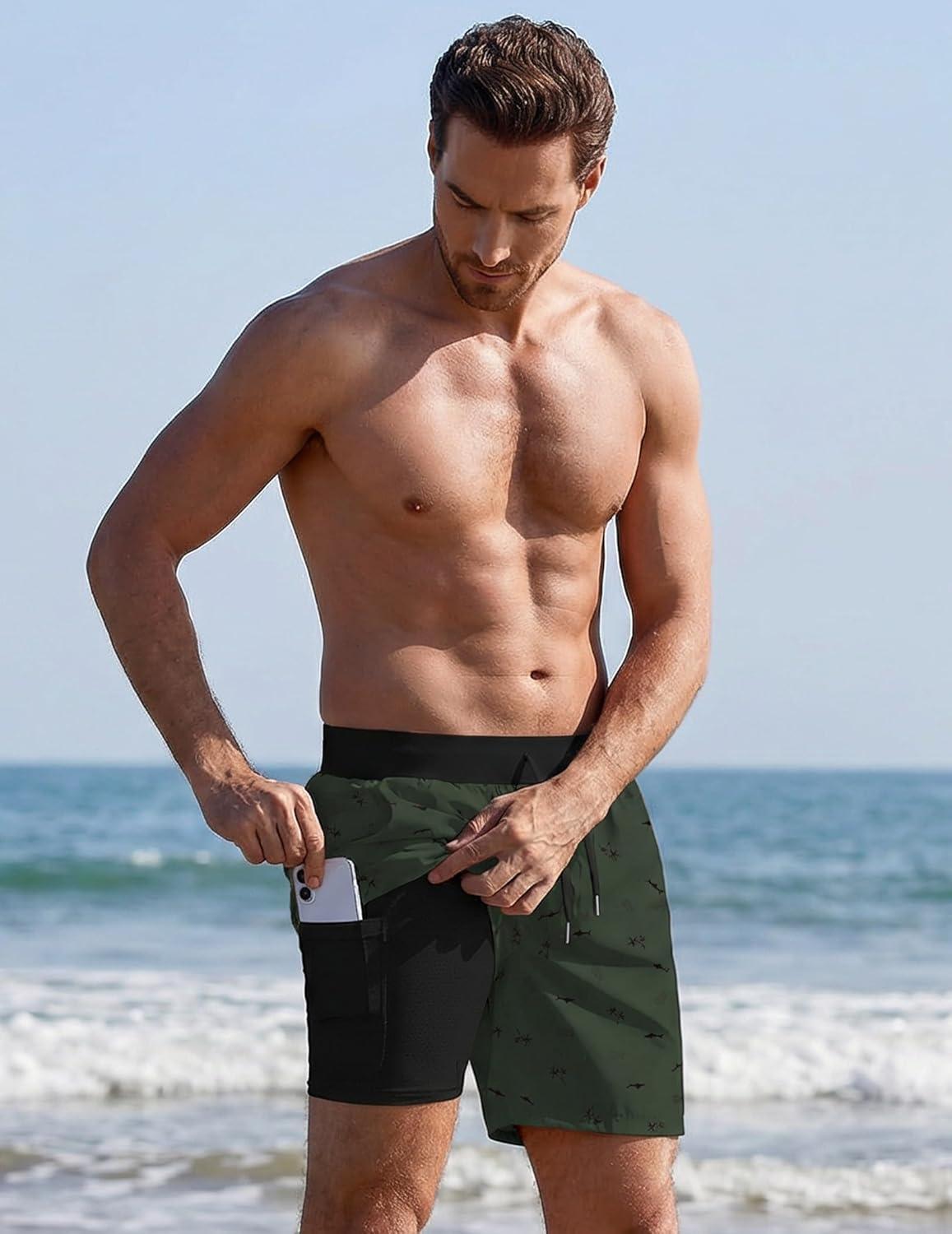 imageEkouaer Mens 7 Swim Trunks Swimwear Zip Pockets Beach Board Shorts Bathing Suits with Mesh LiningZ Dark Green Print