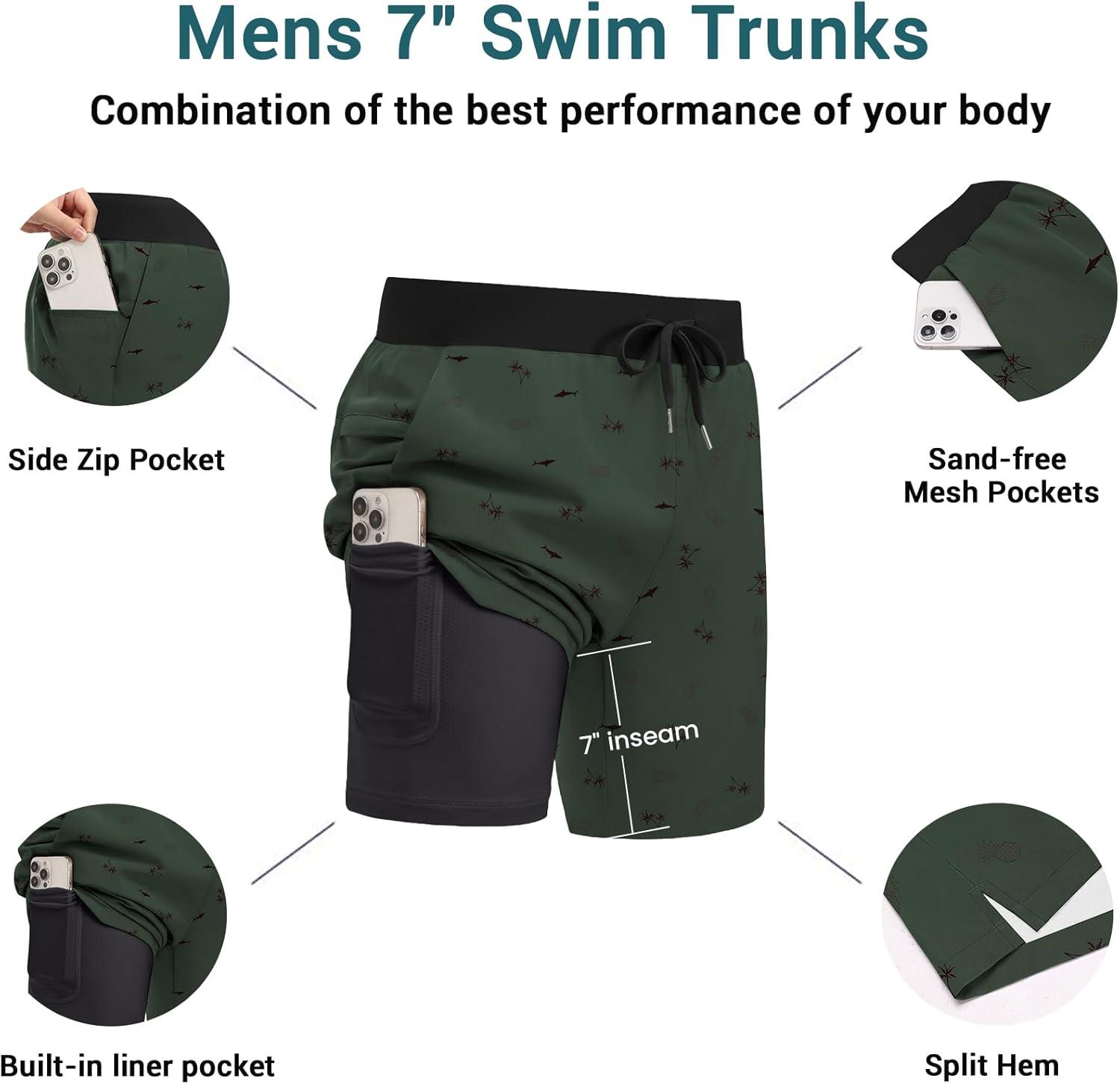 imageEkouaer Mens 7 Swim Trunks Swimwear Zip Pockets Beach Board Shorts Bathing Suits with Mesh LiningZ Dark Green Print
