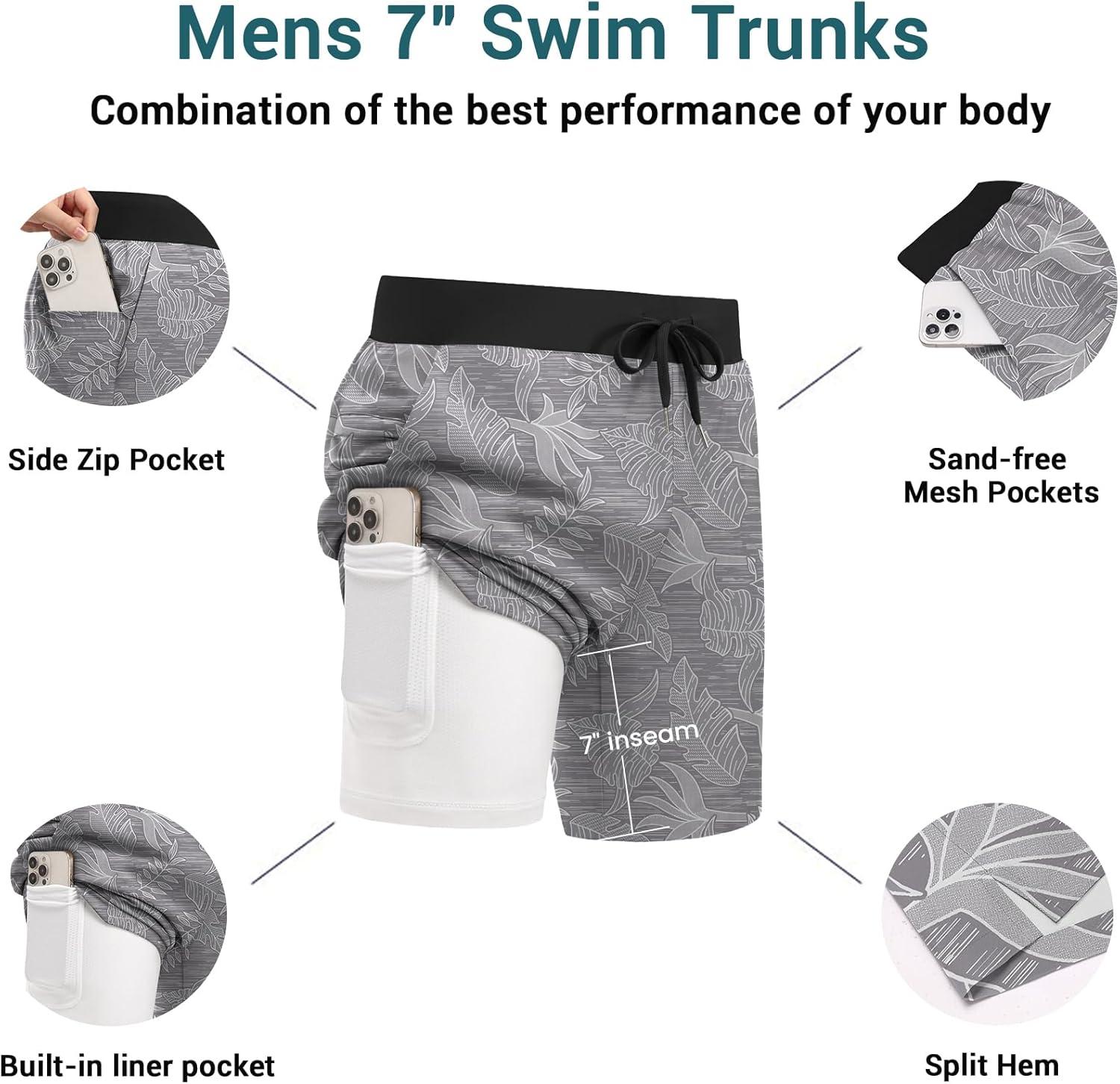 imageEkouaer Mens 7 Swim Trunks Swimwear Zip Pockets Beach Board Shorts Bathing Suits with Mesh LiningZ Gray Leaves