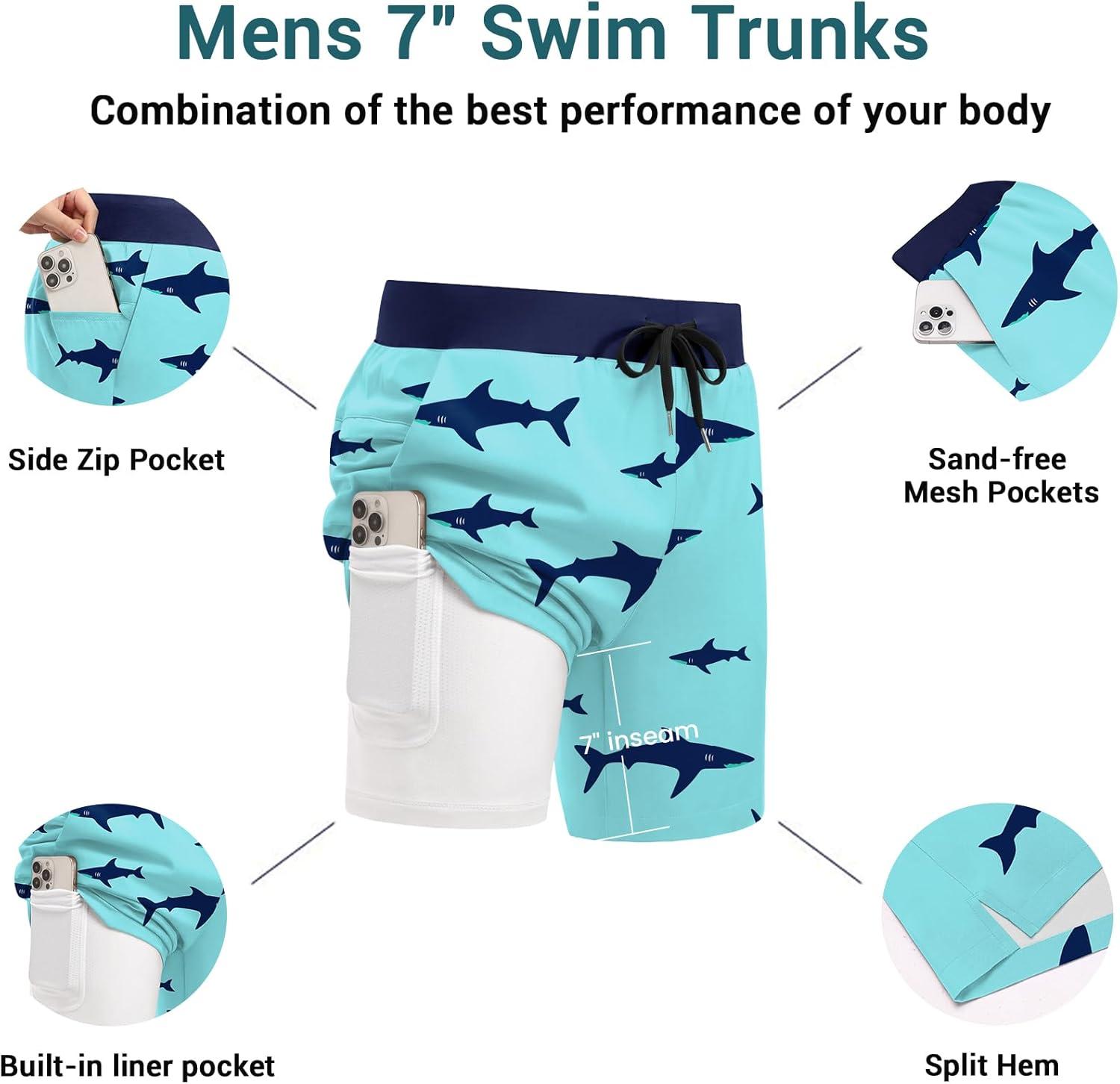 imageEkouaer Mens 7 Swim Trunks Swimwear Zip Pockets Beach Board Shorts Bathing Suits with Mesh LiningZ Green Shark
