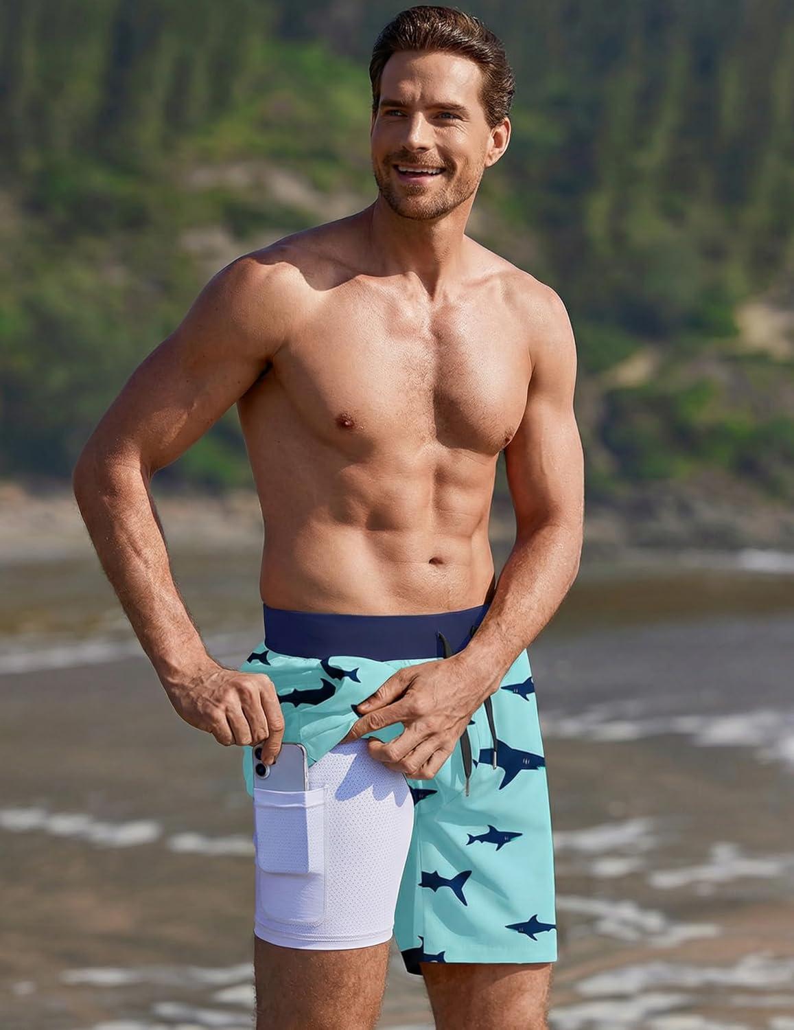 imageEkouaer Mens 7 Swim Trunks Swimwear Zip Pockets Beach Board Shorts Bathing Suits with Mesh LiningZ Green Shark