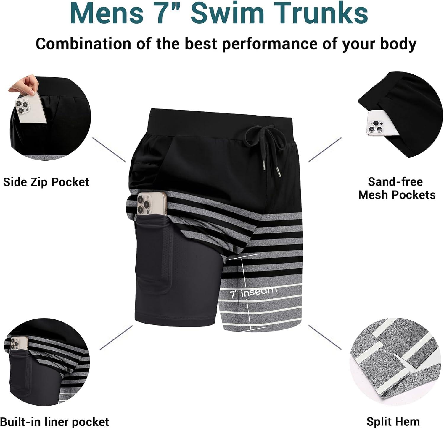 imageEkouaer Mens 7 Swim Trunks Swimwear Zip Pockets Beach Board Shorts Bathing Suits with Mesh LiningZ Stripes Black Gray