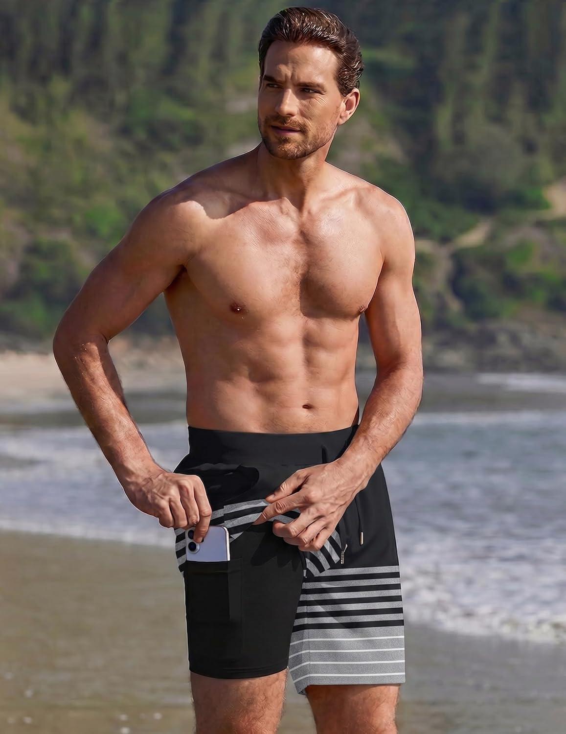 imageEkouaer Mens 7 Swim Trunks Swimwear Zip Pockets Beach Board Shorts Bathing Suits with Mesh LiningZ Stripes Black Gray
