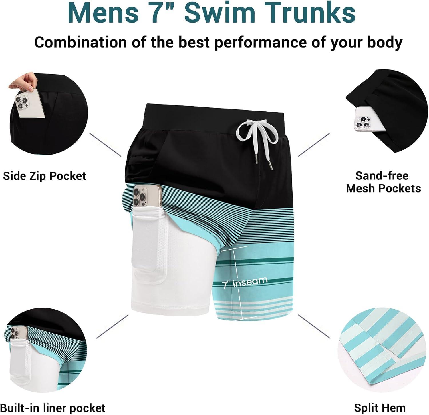imageEkouaer Mens 7 Swim Trunks Swimwear Zip Pockets Beach Board Shorts Bathing Suits with Mesh LiningZ Stripes Black Green