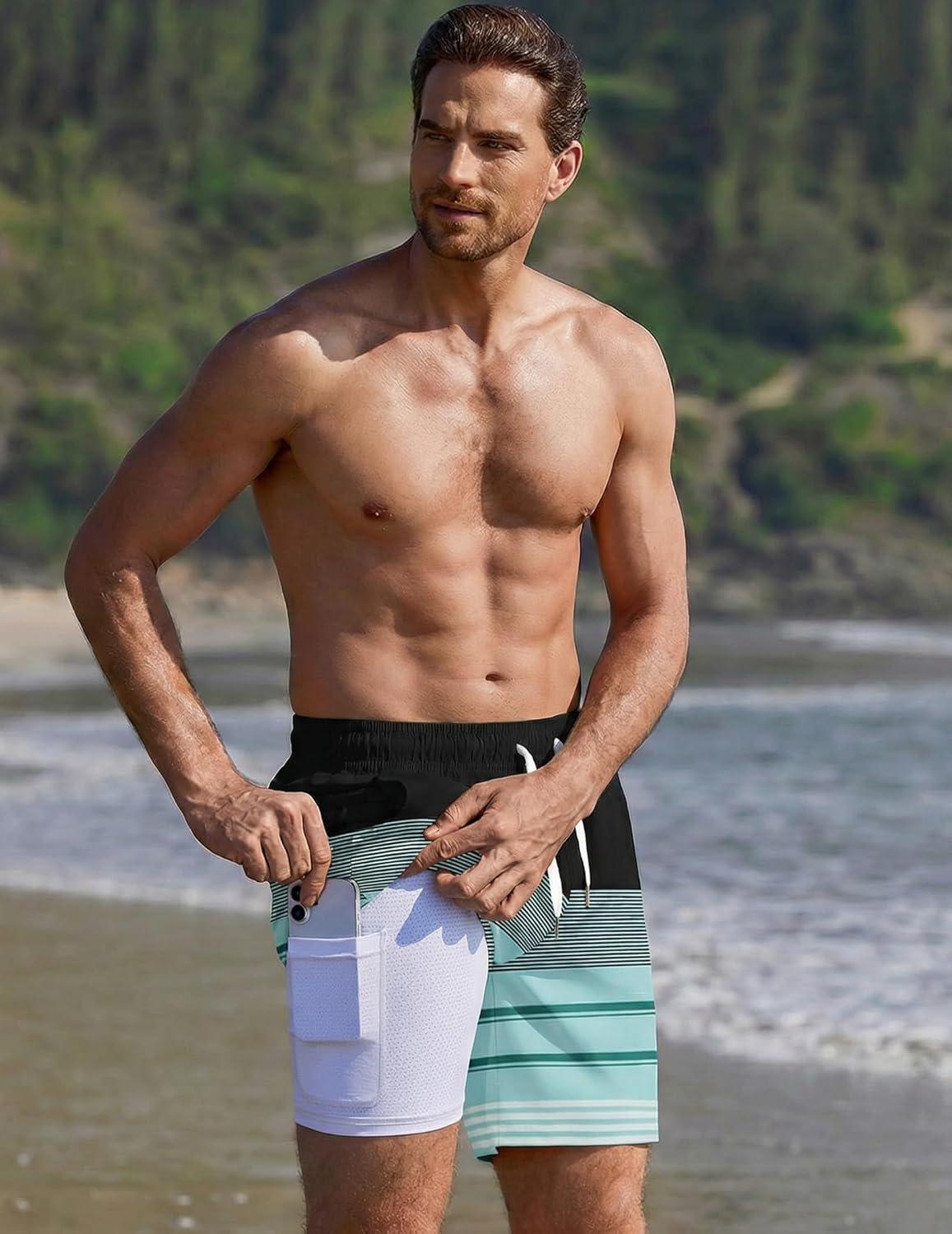 imageEkouaer Mens 7 Swim Trunks Swimwear Zip Pockets Beach Board Shorts Bathing Suits with Mesh LiningZ Stripes Black Green