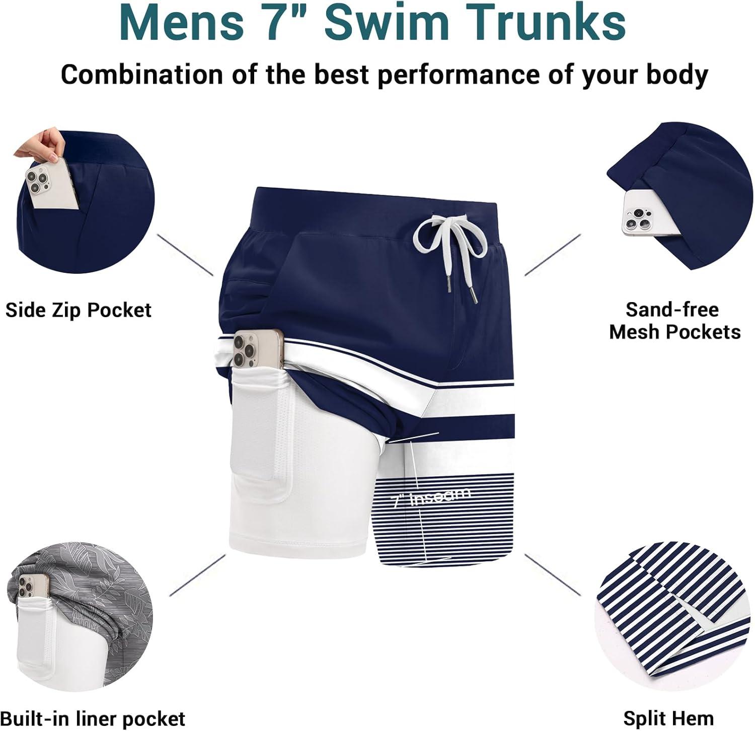 imageEkouaer Mens 7 Swim Trunks Swimwear Zip Pockets Beach Board Shorts Bathing Suits with Mesh LiningZ Stripes Navy White