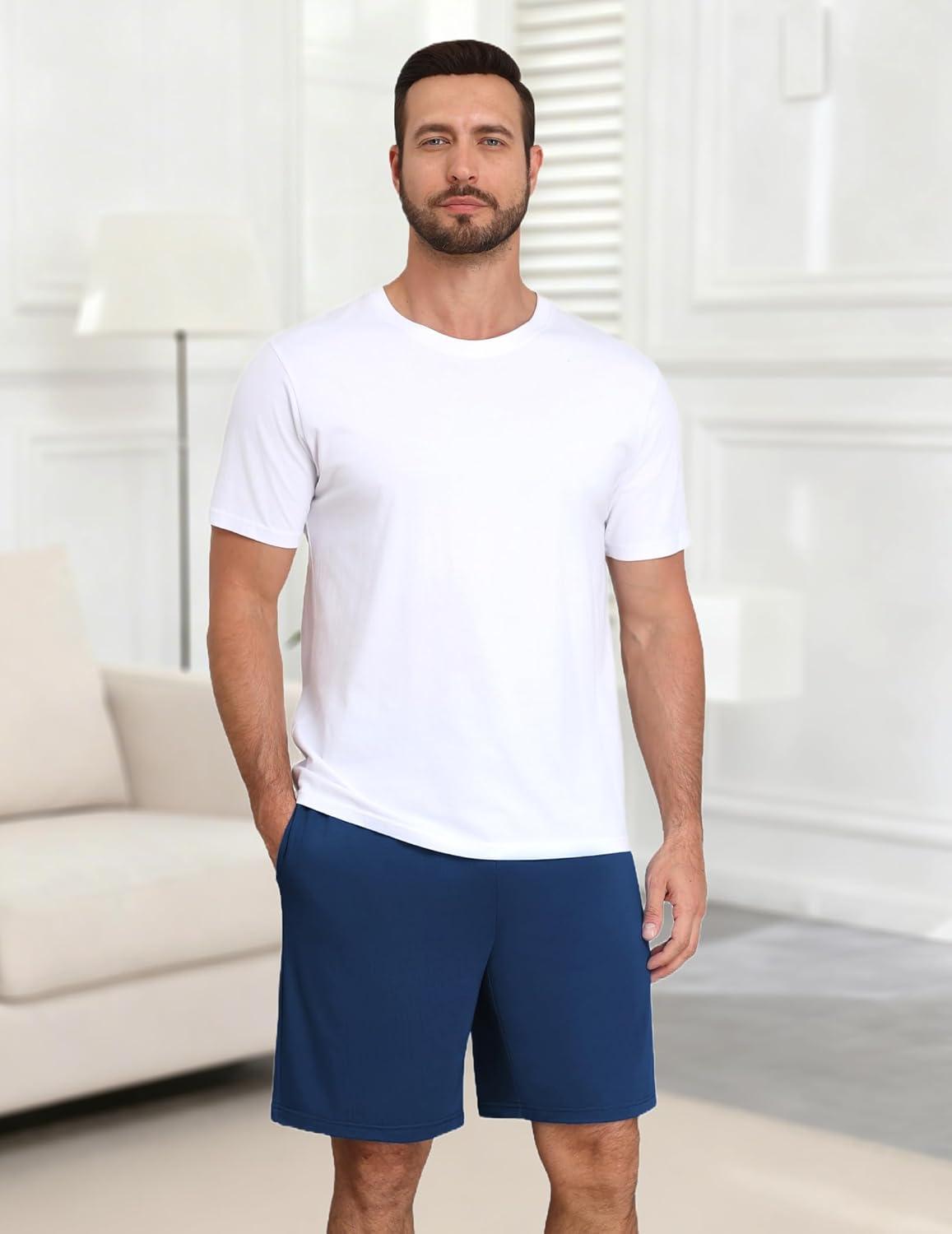 imageEkouaer Mens Pajama Shorts Bamboo Viscose Breathable Soft Sleep Short Elastic Waist 2026 Lounge PJ Short with PocketsDark Blue