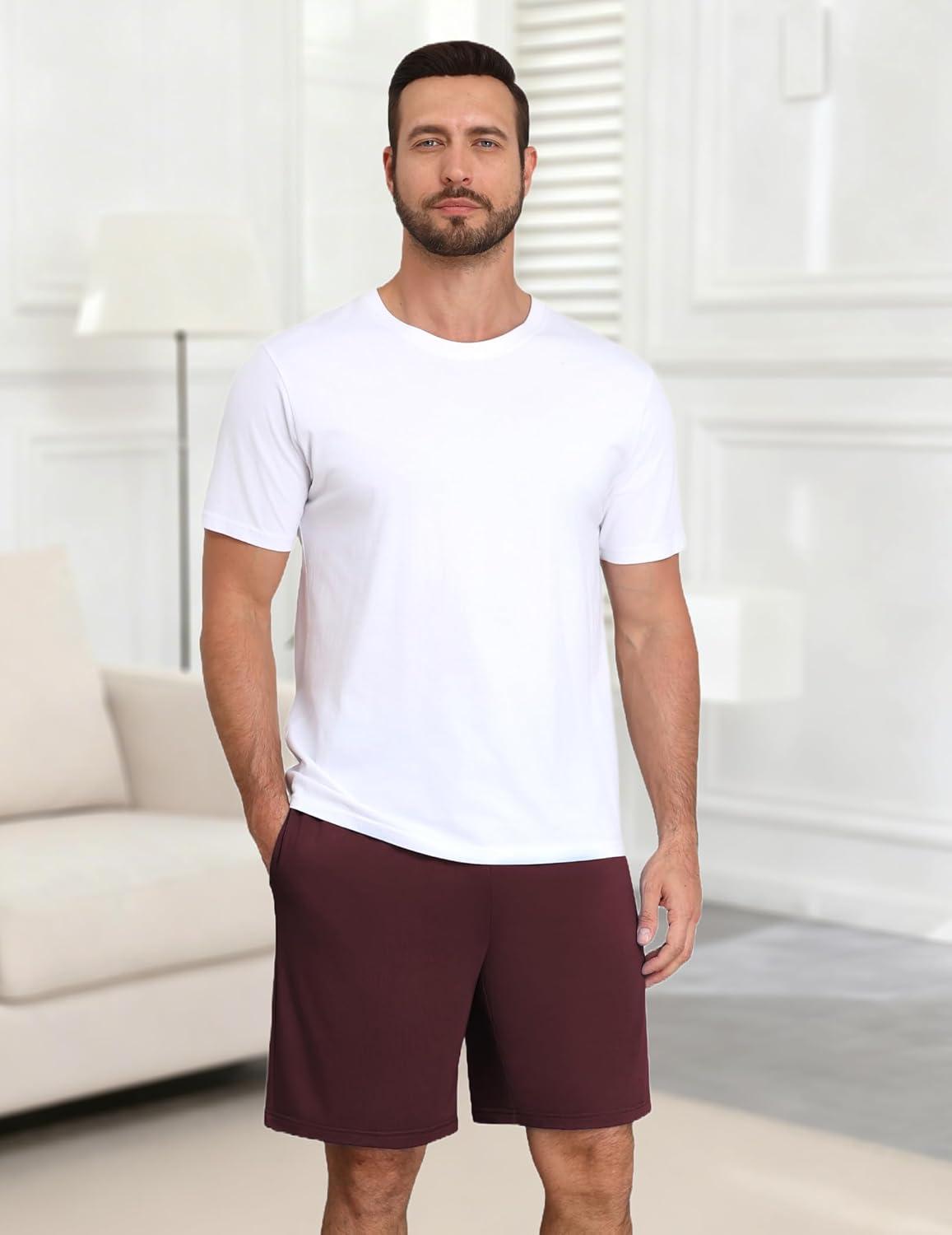 imageEkouaer Mens Pajama Shorts Bamboo Viscose Breathable Soft Sleep Short Elastic Waist 2026 Lounge PJ Short with PocketsDark Red