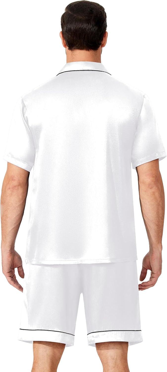imageEkouaer Mens Pajamas Set Silk Satin Sleepwear Short Sleeve Button Down Pjs Set 2 Piece Loungewear with Pockets SXXLWhite