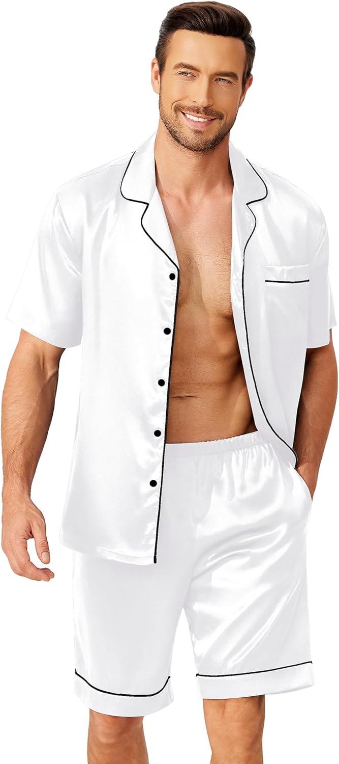 imageEkouaer Mens Pajamas Set Silk Satin Sleepwear Short Sleeve Button Down Pjs Set 2 Piece Loungewear with Pockets SXXLWhite
