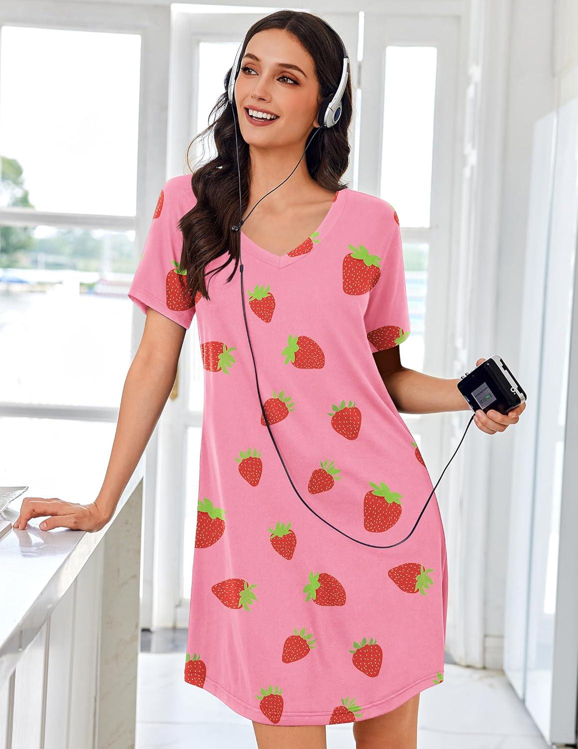 imageEkouaer Nightgowns for Women Bamboo Viscose Sleep Shirts Short Sleeve Night Shirts Casual Sleep Dress Soft SleepwearPink Strawberry