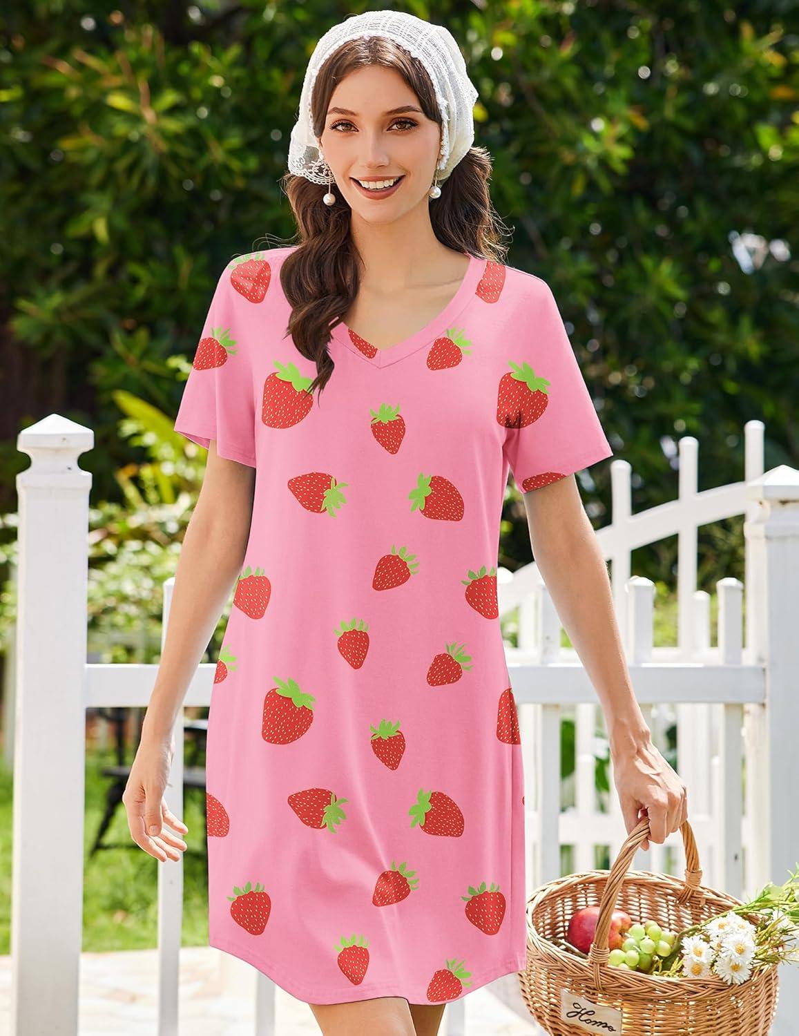 imageEkouaer Nightgowns for Women Bamboo Viscose Sleep Shirts Short Sleeve Night Shirts Casual Sleep Dress Soft SleepwearPink Strawberry