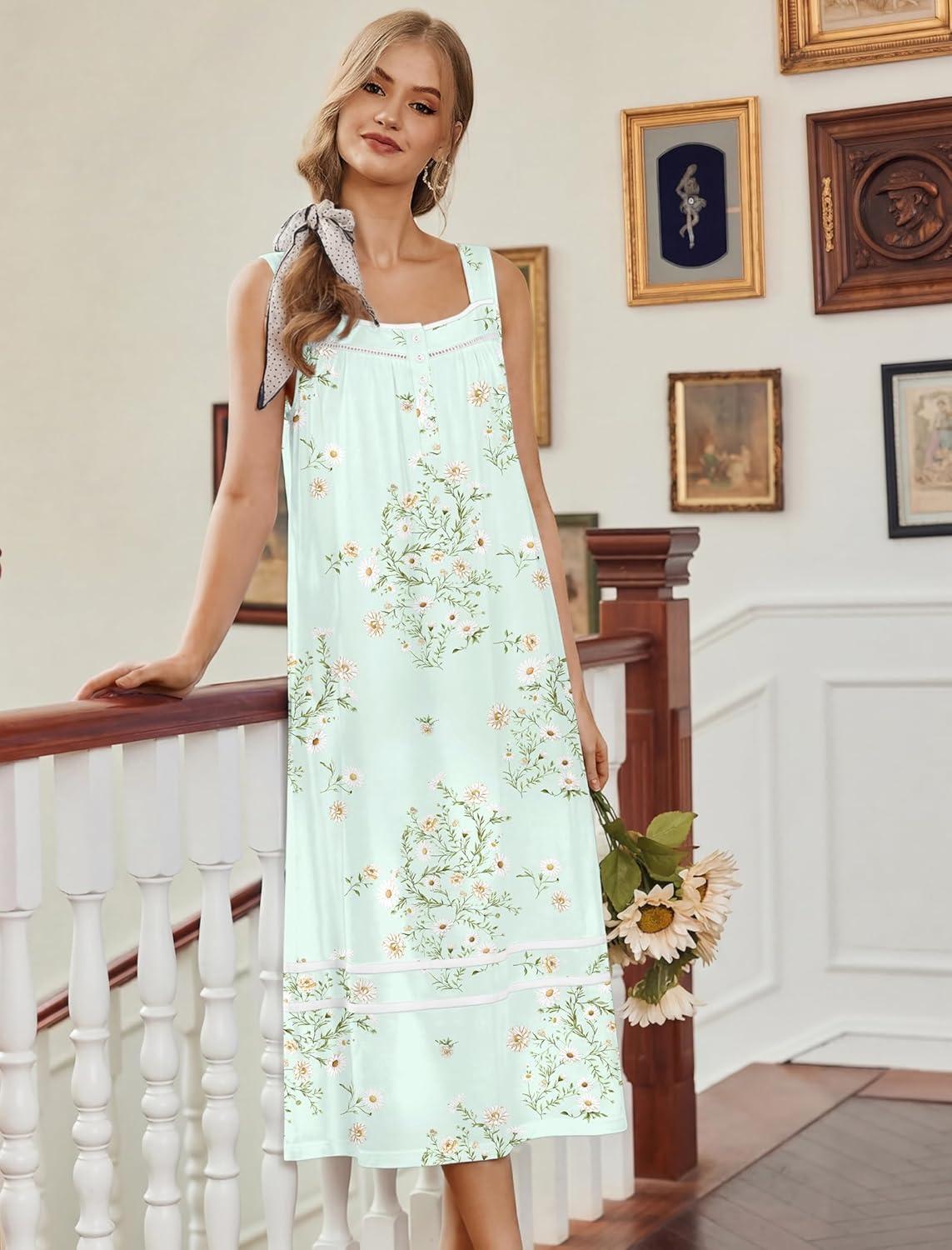 imageEkouaer Nightgowns for Women Cotton Long Night Gowns Sleeveless Sleep Dress Victorian Nightdress Ladies Sleepwear XS4XLFloral Green