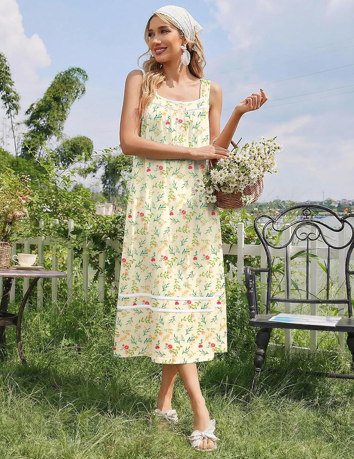 imageEkouaer Nightgowns for Women Cotton Long Night Gowns Sleeveless Sleep Dress Victorian Nightdress Ladies Sleepwear XS4XLFloral Light Yellow