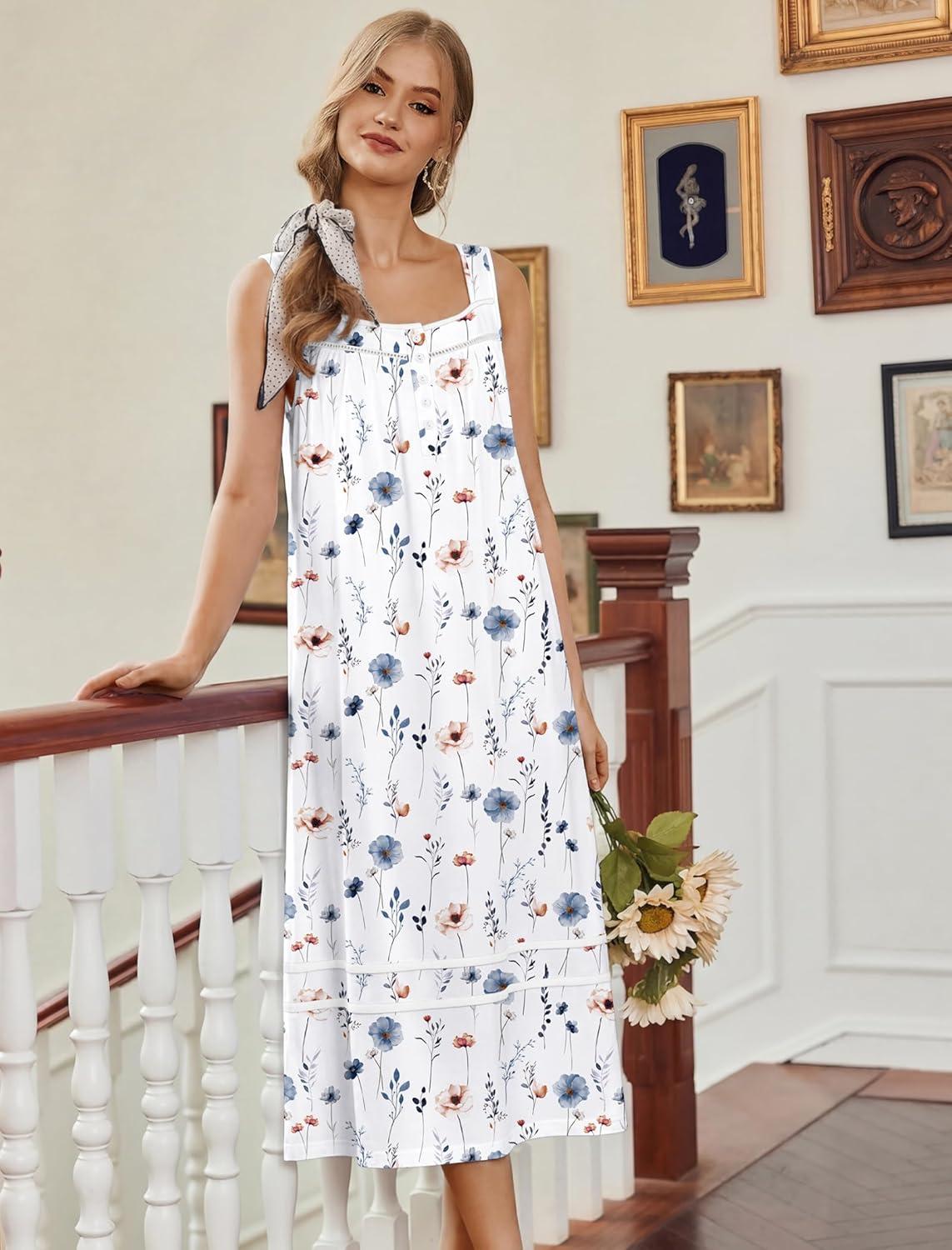 imageEkouaer Nightgowns for Women Cotton Long Night Gowns Sleeveless Sleep Dress Victorian Nightdress Ladies Sleepwear XS4XLFlowers White