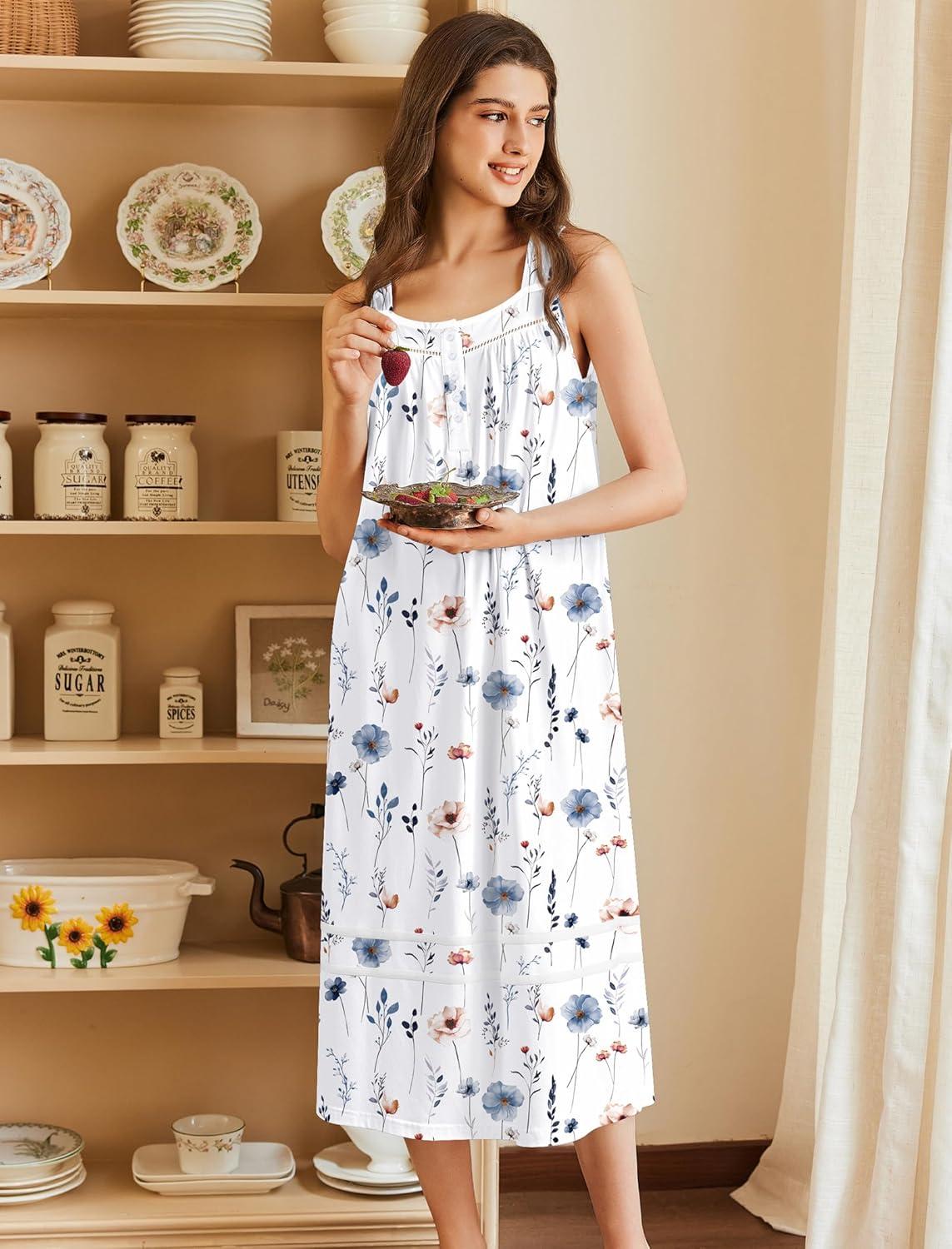 imageEkouaer Nightgowns for Women Cotton Long Night Gowns Sleeveless Sleep Dress Victorian Nightdress Ladies Sleepwear XS4XLFlowers White