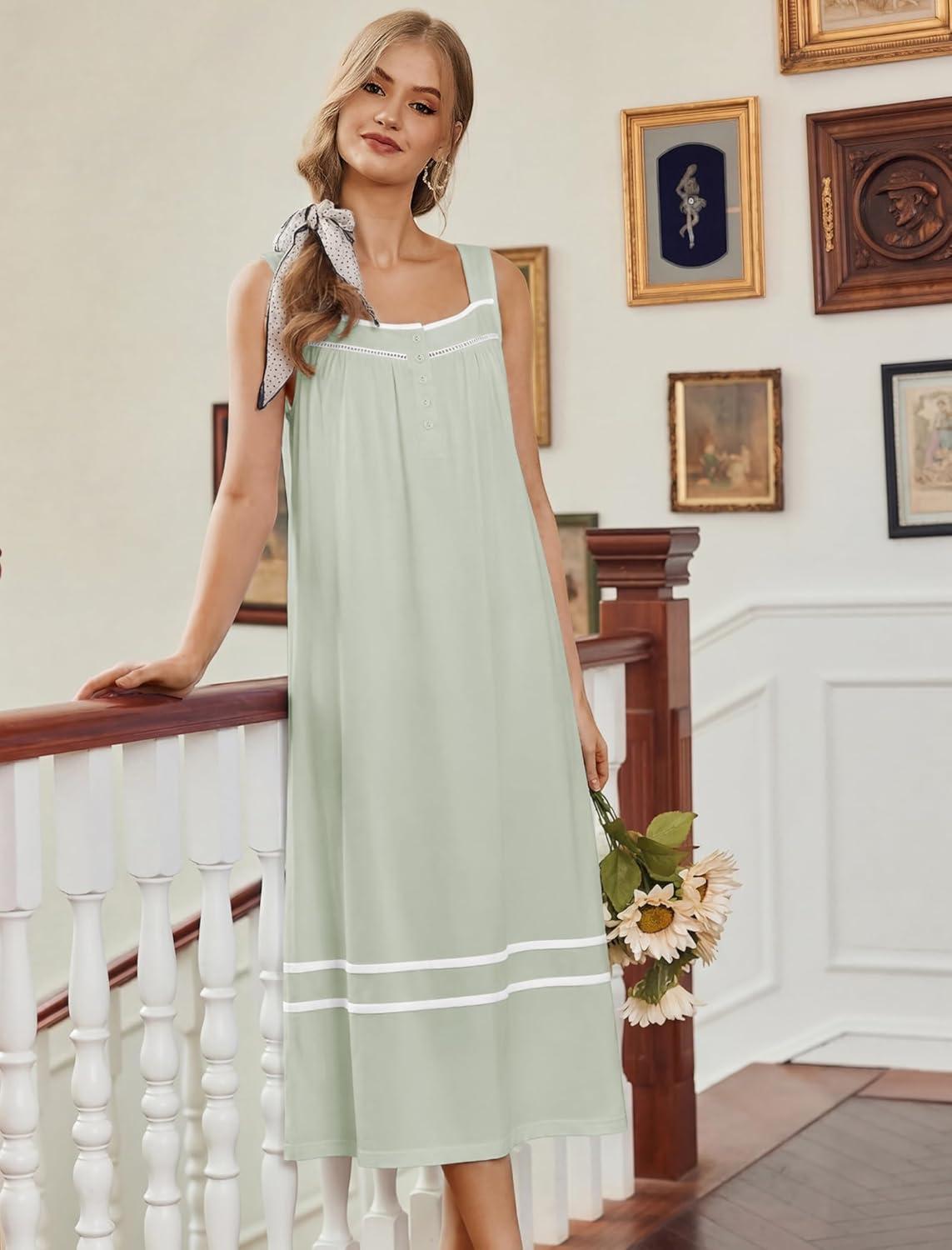 imageEkouaer Nightgowns for Women Cotton Long Night Gowns Sleeveless Sleep Dress Victorian Nightdress Ladies Sleepwear XS4XLLight Green
