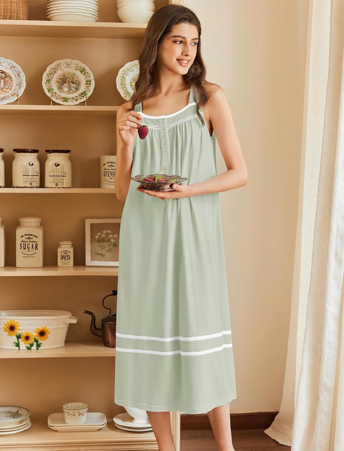 imageEkouaer Nightgowns for Women Cotton Long Night Gowns Sleeveless Sleep Dress Victorian Nightdress Ladies Sleepwear XS4XLLight Green