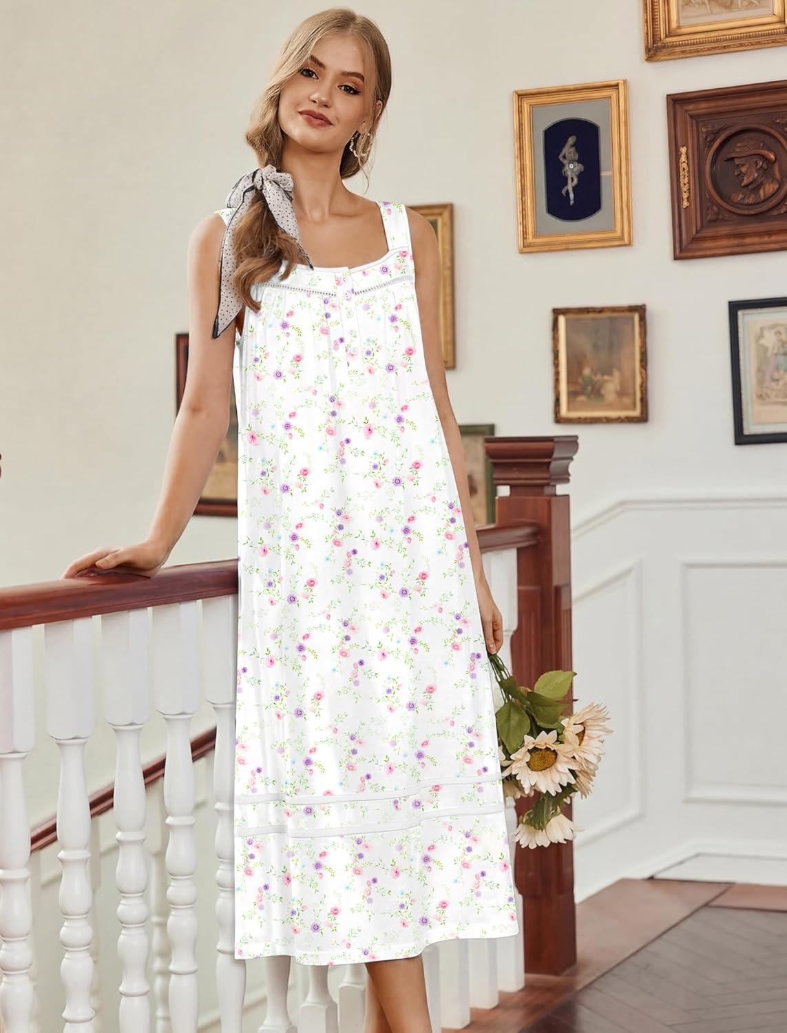 imageEkouaer Nightgowns for Women Cotton Long Night Gowns Sleeveless Sleep Dress Victorian Nightdress Ladies Sleepwear XS4XLLittle Flowers White