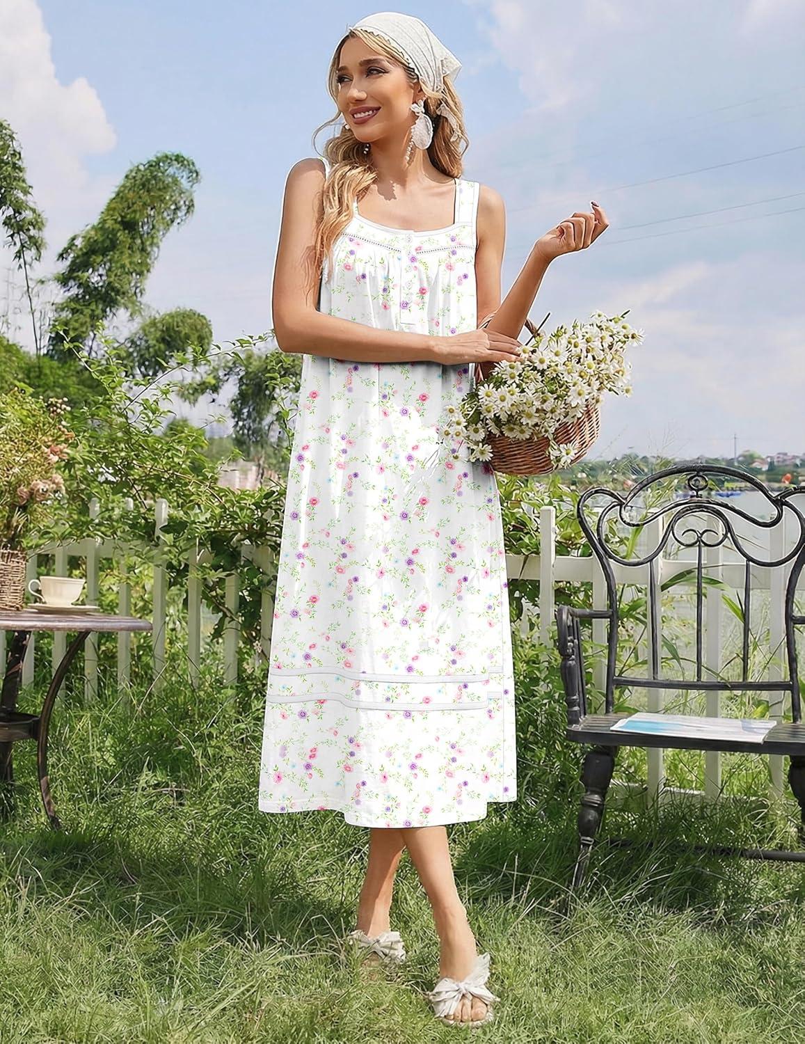 imageEkouaer Nightgowns for Women Cotton Long Night Gowns Sleeveless Sleep Dress Victorian Nightdress Ladies Sleepwear XS4XLLittle Flowers White
