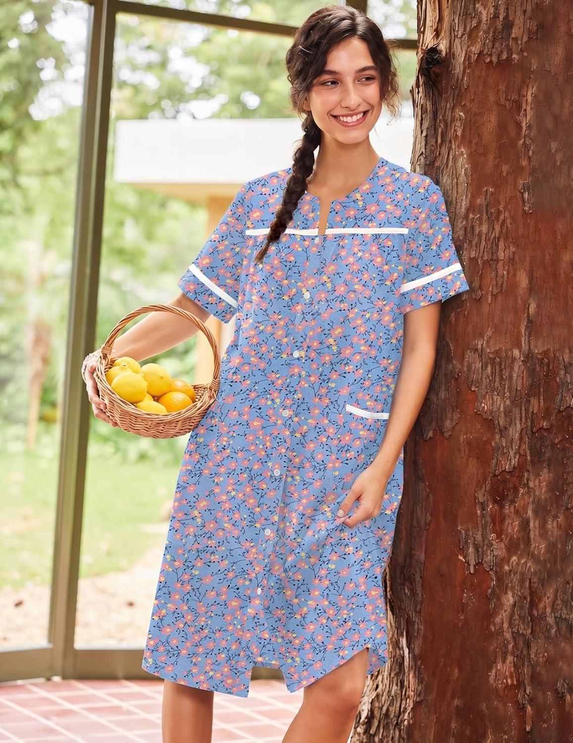 imageEkouaer Nightgowns for Women House Dress with Pockets Short Sleeve Duster Moo Moos Button Down House Coat SleepwearBlue Flower