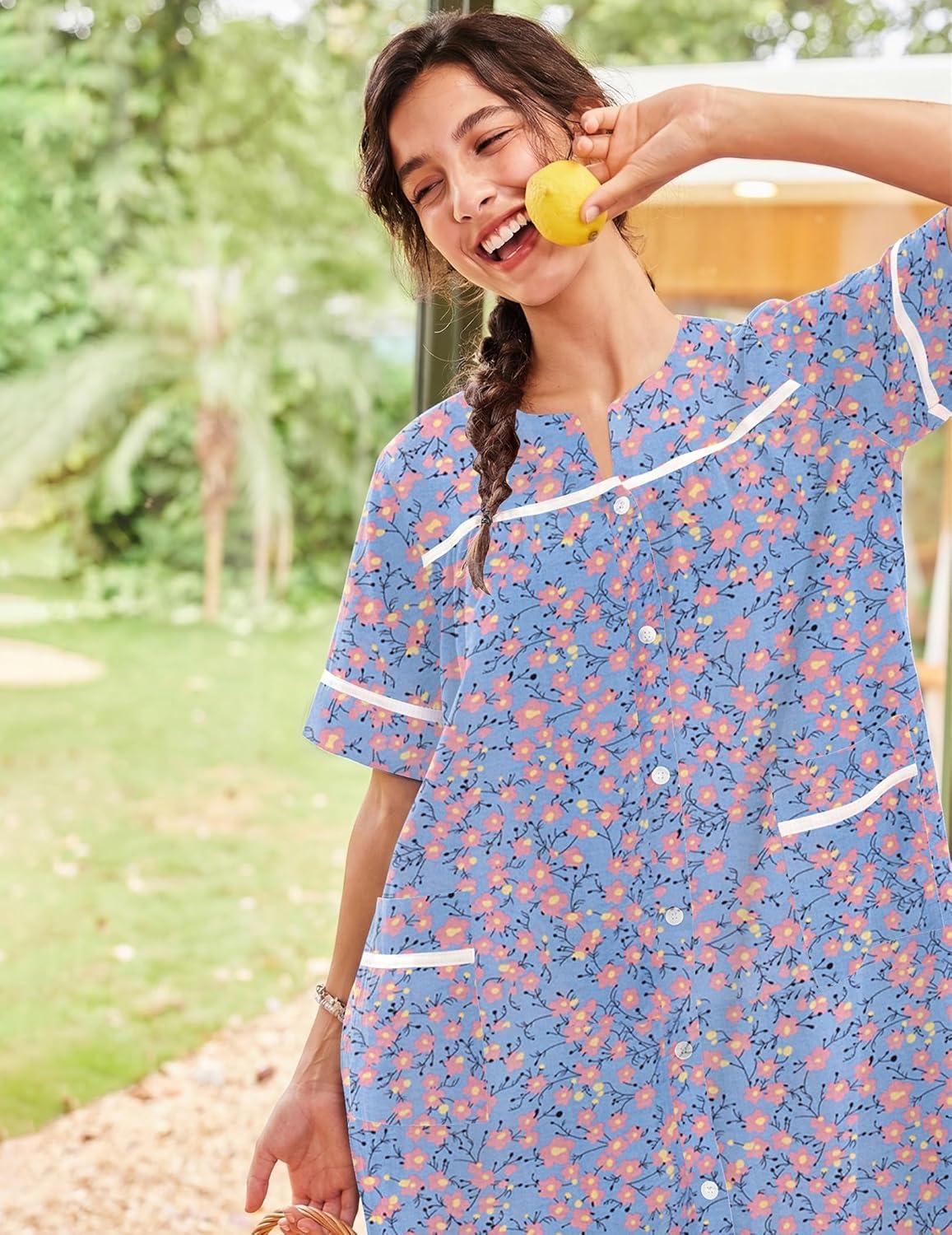 imageEkouaer Nightgowns for Women House Dress with Pockets Short Sleeve Duster Moo Moos Button Down House Coat SleepwearBlue Flower