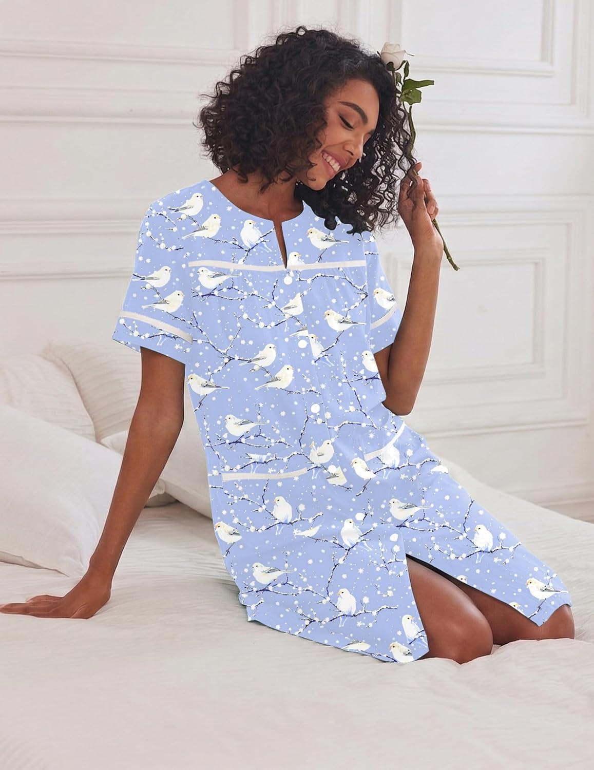 imageEkouaer Nightgowns for Women House Dress with Pockets Short Sleeve Duster Moo Moos Button Down House Coat SleepwearBlue Pigeon