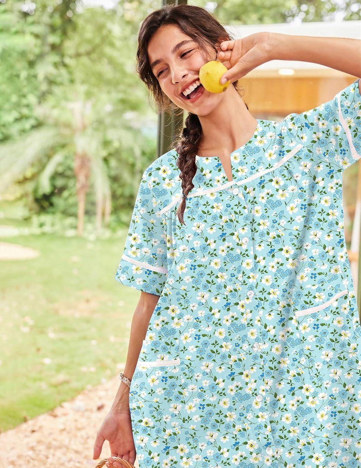 imageEkouaer Nightgowns for Women House Dress with Pockets Short Sleeve Duster Moo Moos Button Down House Coat SleepwearGreen Floral