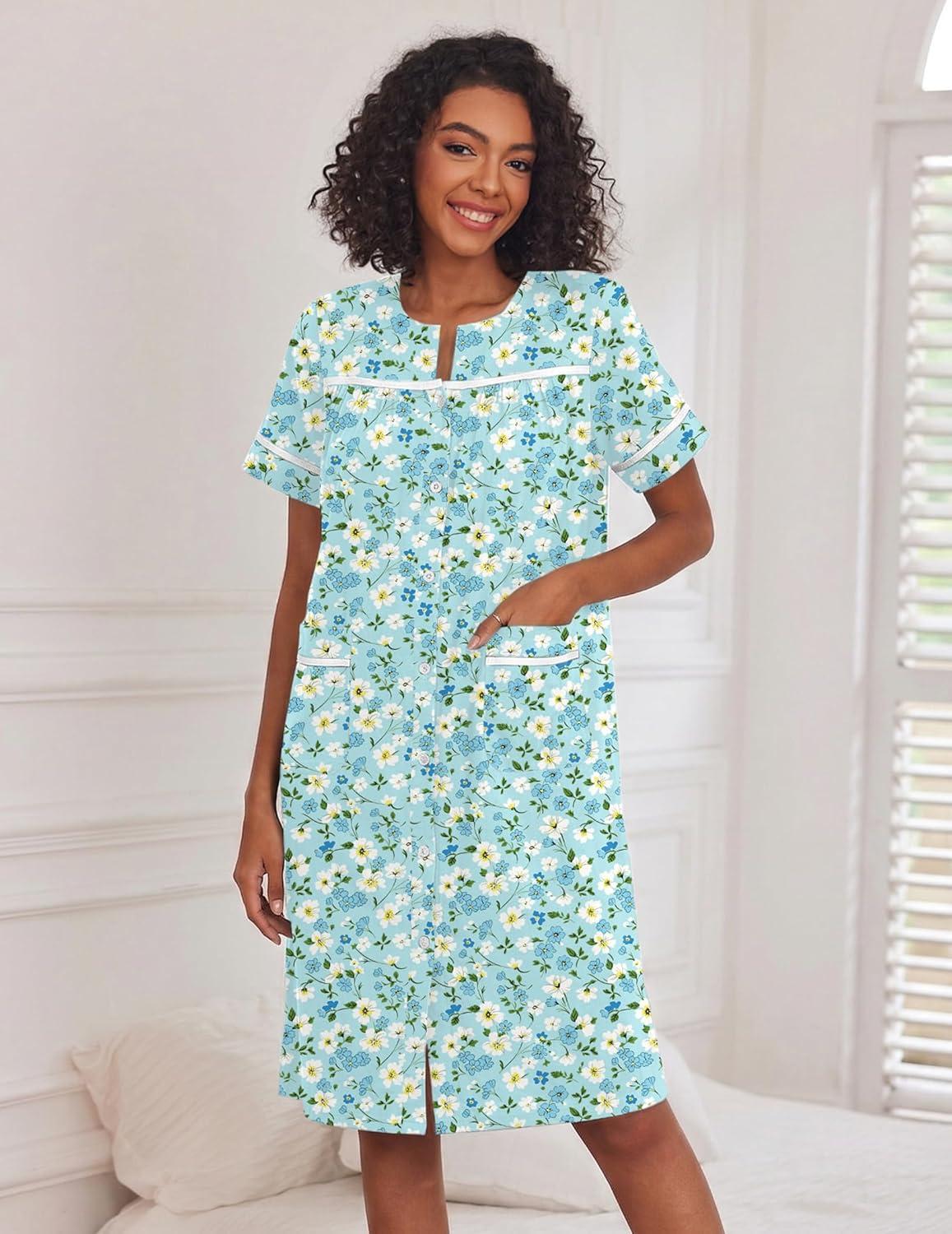 imageEkouaer Nightgowns for Women House Dress with Pockets Short Sleeve Duster Moo Moos Button Down House Coat SleepwearGreen Floral
