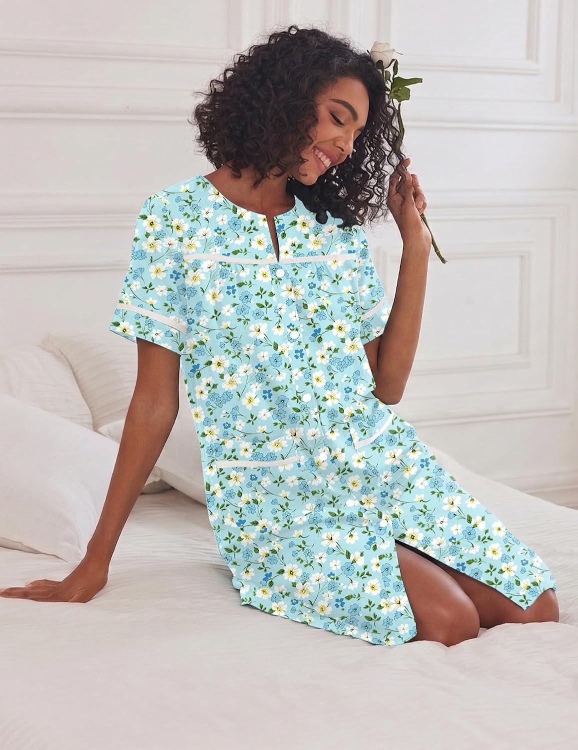 imageEkouaer Nightgowns for Women House Dress with Pockets Short Sleeve Duster Moo Moos Button Down House Coat SleepwearGreen Floral