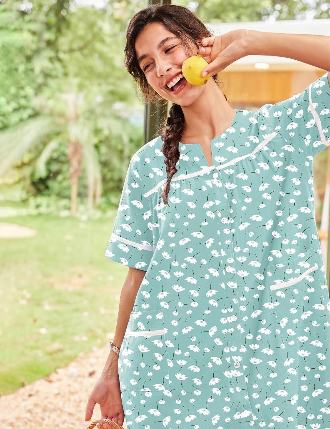 imageEkouaer Nightgowns for Women House Dress with Pockets Short Sleeve Duster Moo Moos Button Down House Coat SleepwearGreen Flower