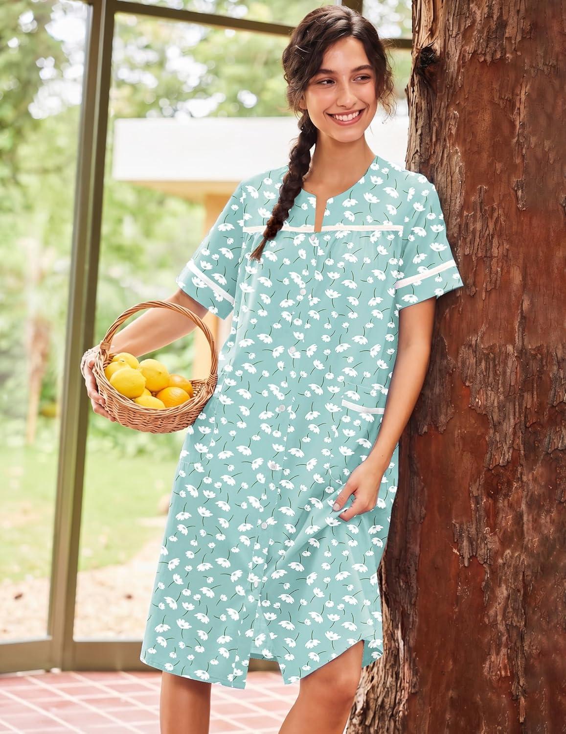 imageEkouaer Nightgowns for Women House Dress with Pockets Short Sleeve Duster Moo Moos Button Down House Coat SleepwearGreen Flower