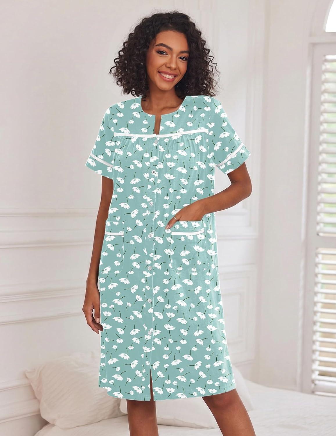 imageEkouaer Nightgowns for Women House Dress with Pockets Short Sleeve Duster Moo Moos Button Down House Coat SleepwearGreen Flower
