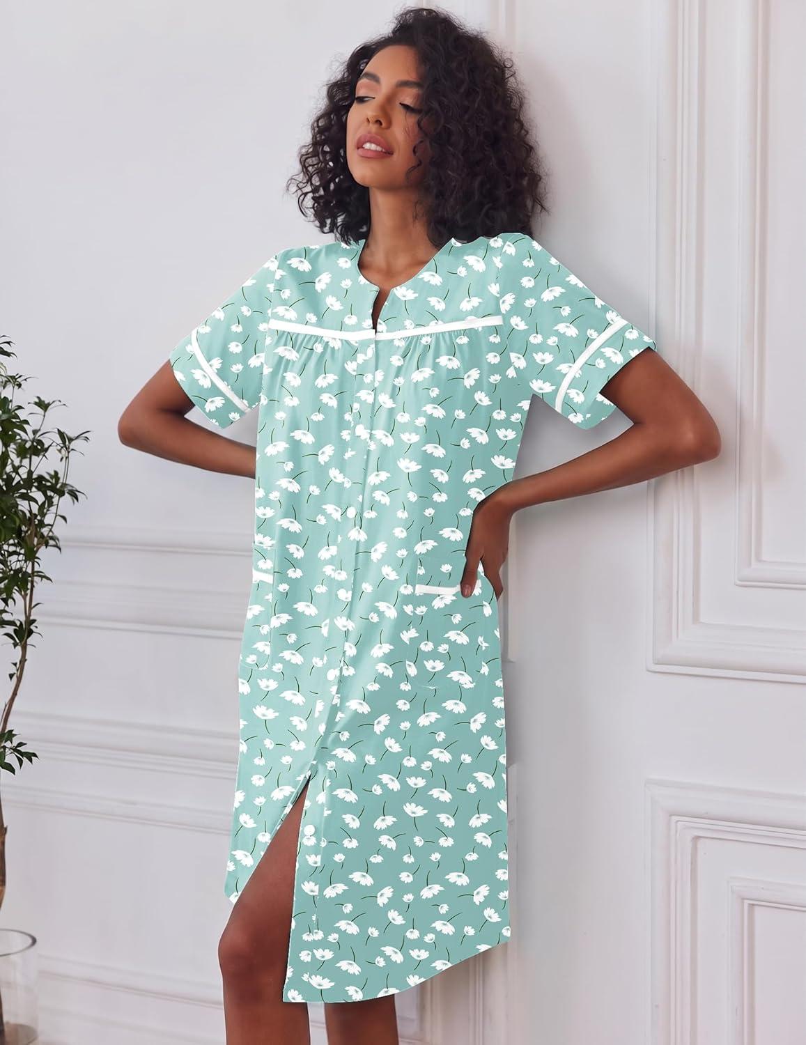 imageEkouaer Nightgowns for Women House Dress with Pockets Short Sleeve Duster Moo Moos Button Down House Coat SleepwearGreen Flower