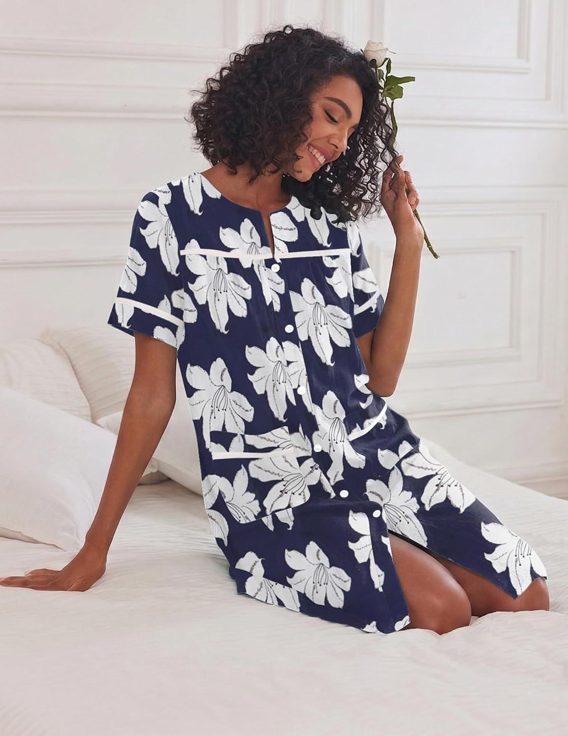imageEkouaer Nightgowns for Women House Dress with Pockets Short Sleeve Duster Moo Moos Button Down House Coat SleepwearNavy Flower