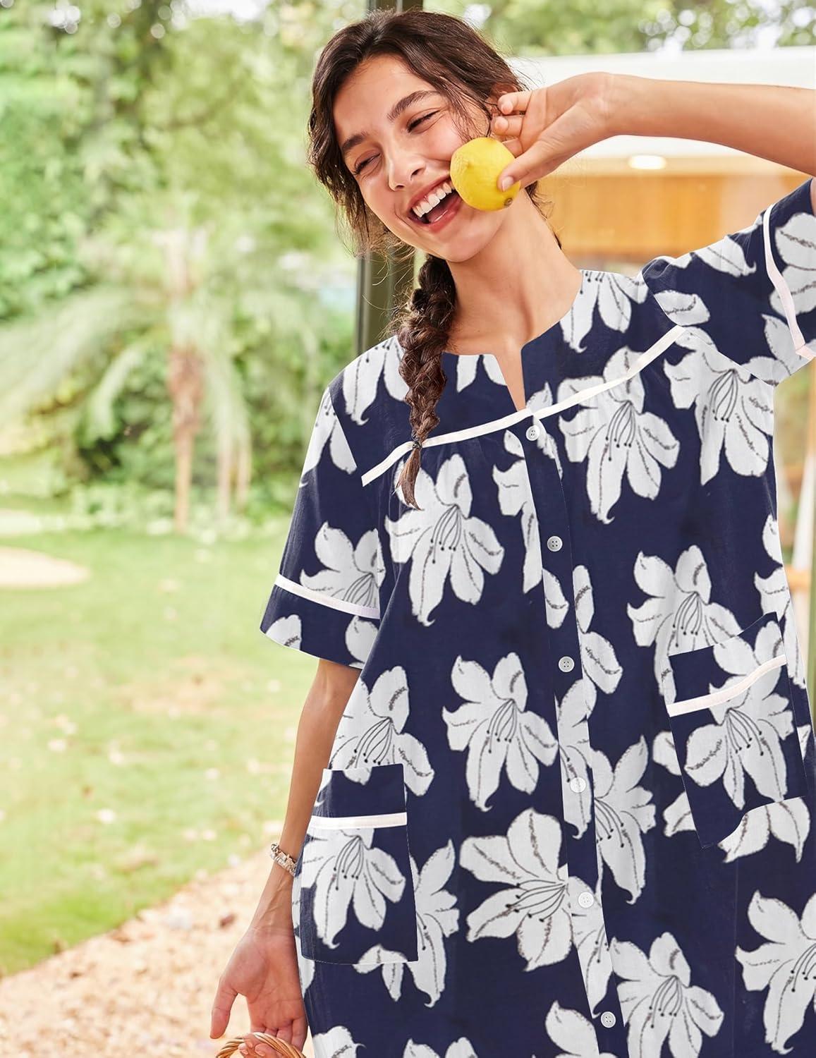 imageEkouaer Nightgowns for Women House Dress with Pockets Short Sleeve Duster Moo Moos Button Down House Coat SleepwearNavy Flower