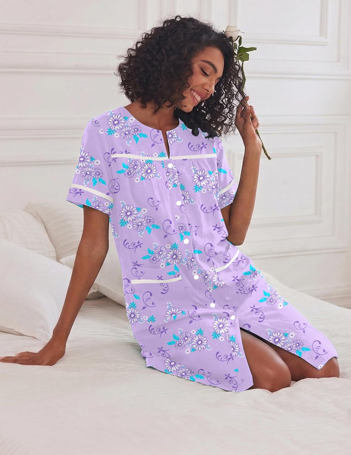 imageEkouaer Nightgowns for Women House Dress with Pockets Short Sleeve Duster Moo Moos Button Down House Coat SleepwearPurple Daisy
