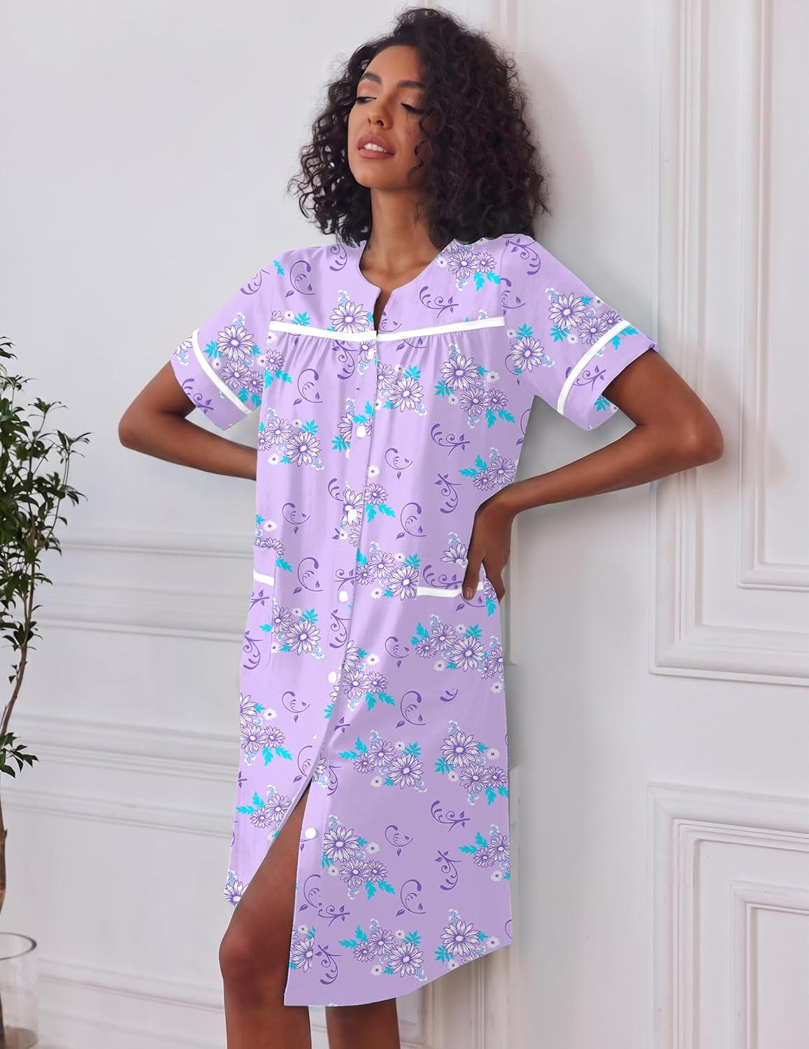 imageEkouaer Nightgowns for Women House Dress with Pockets Short Sleeve Duster Moo Moos Button Down House Coat SleepwearPurple Daisy
