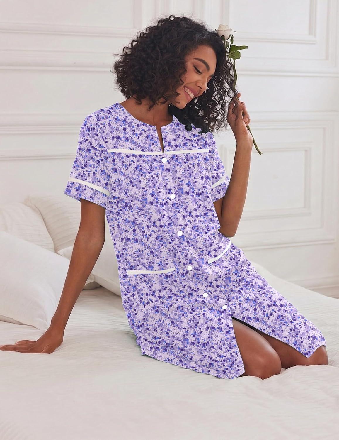 imageEkouaer Nightgowns for Women House Dress with Pockets Short Sleeve Duster Moo Moos Button Down House Coat SleepwearPurple Dots
