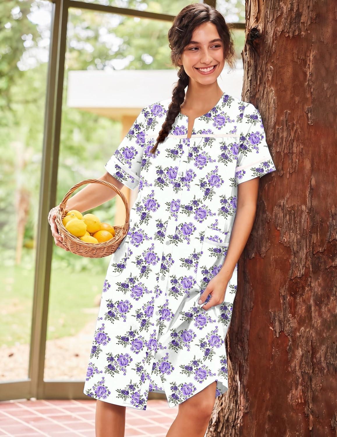 imageEkouaer Nightgowns for Women House Dress with Pockets Short Sleeve Duster Moo Moos Button Down House Coat SleepwearWhite Flower