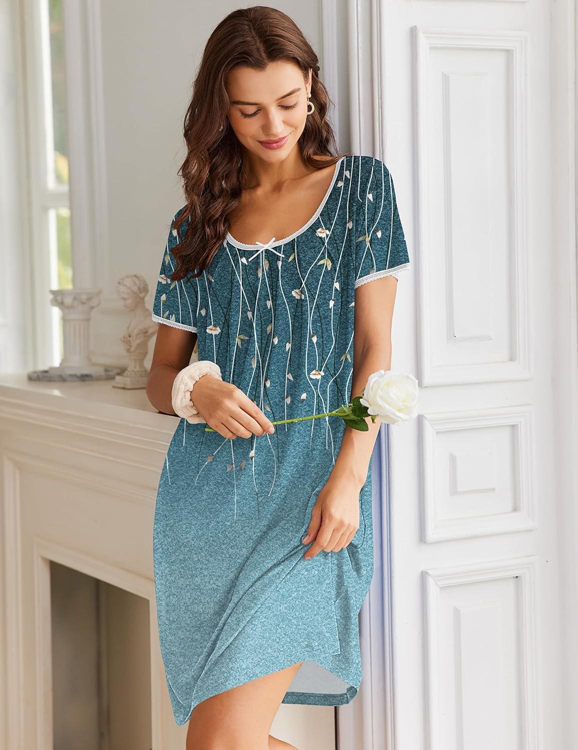imageEkouaer Nightgowns for Women Short Sleeve Moo Moos Ladies House Dress with Pockets Pleated Sleepshirts Soft SleepwearBluegreen Vines