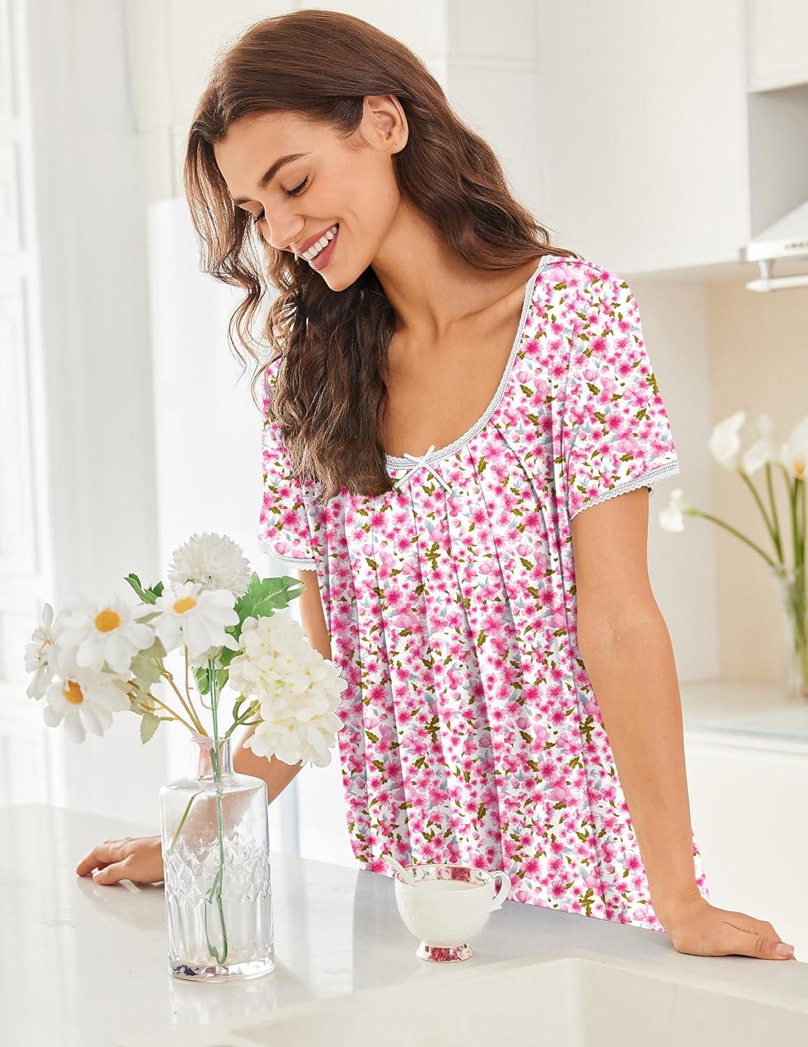 imageEkouaer Nightgowns for Women Short Sleeve Moo Moos Ladies House Dress with Pockets Pleated Sleepshirts Soft SleepwearPink Floral