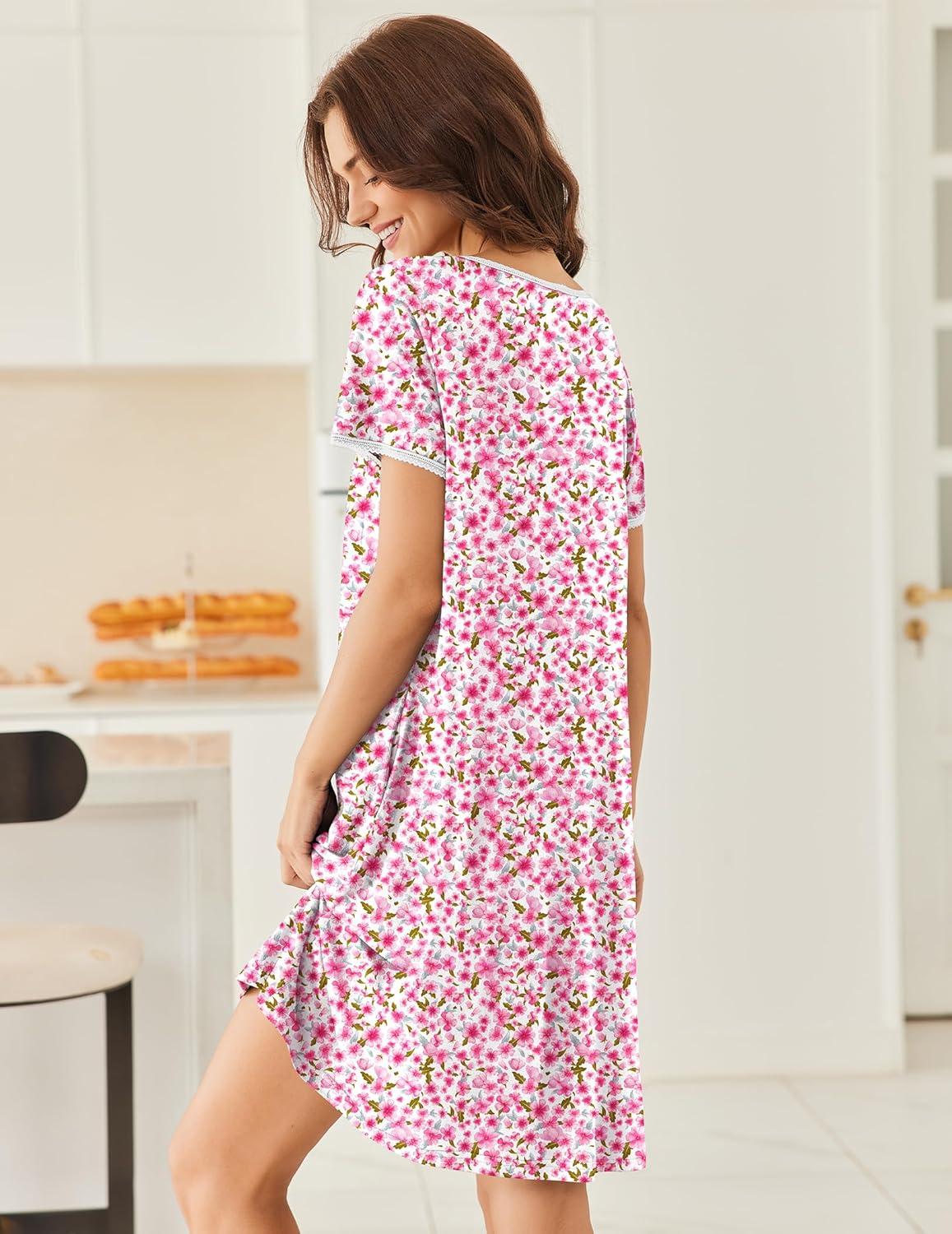 imageEkouaer Nightgowns for Women Short Sleeve Moo Moos Ladies House Dress with Pockets Pleated Sleepshirts Soft SleepwearPink Floral