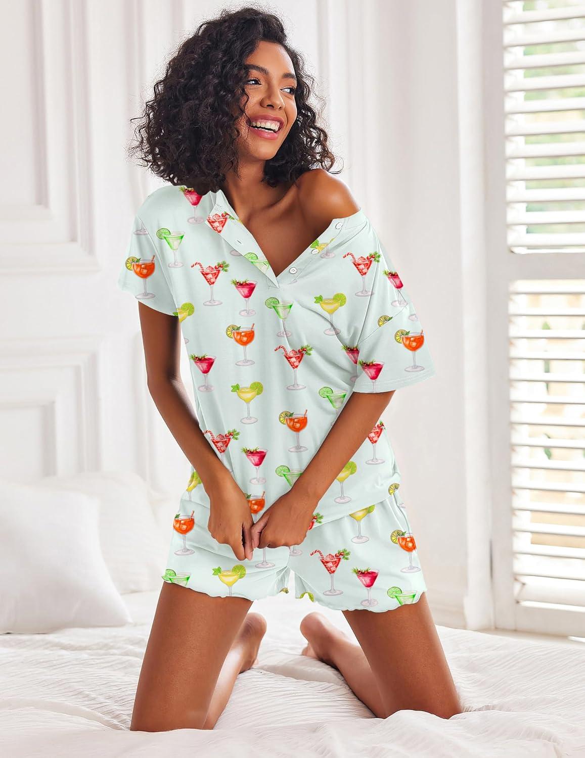 imageEkouaer Pajamas Set for Women Short Sleeve Lounge Set 2 Piece Loungewear PJs Soft Cute Lightweight SleepwearGreen Cocktail Glass