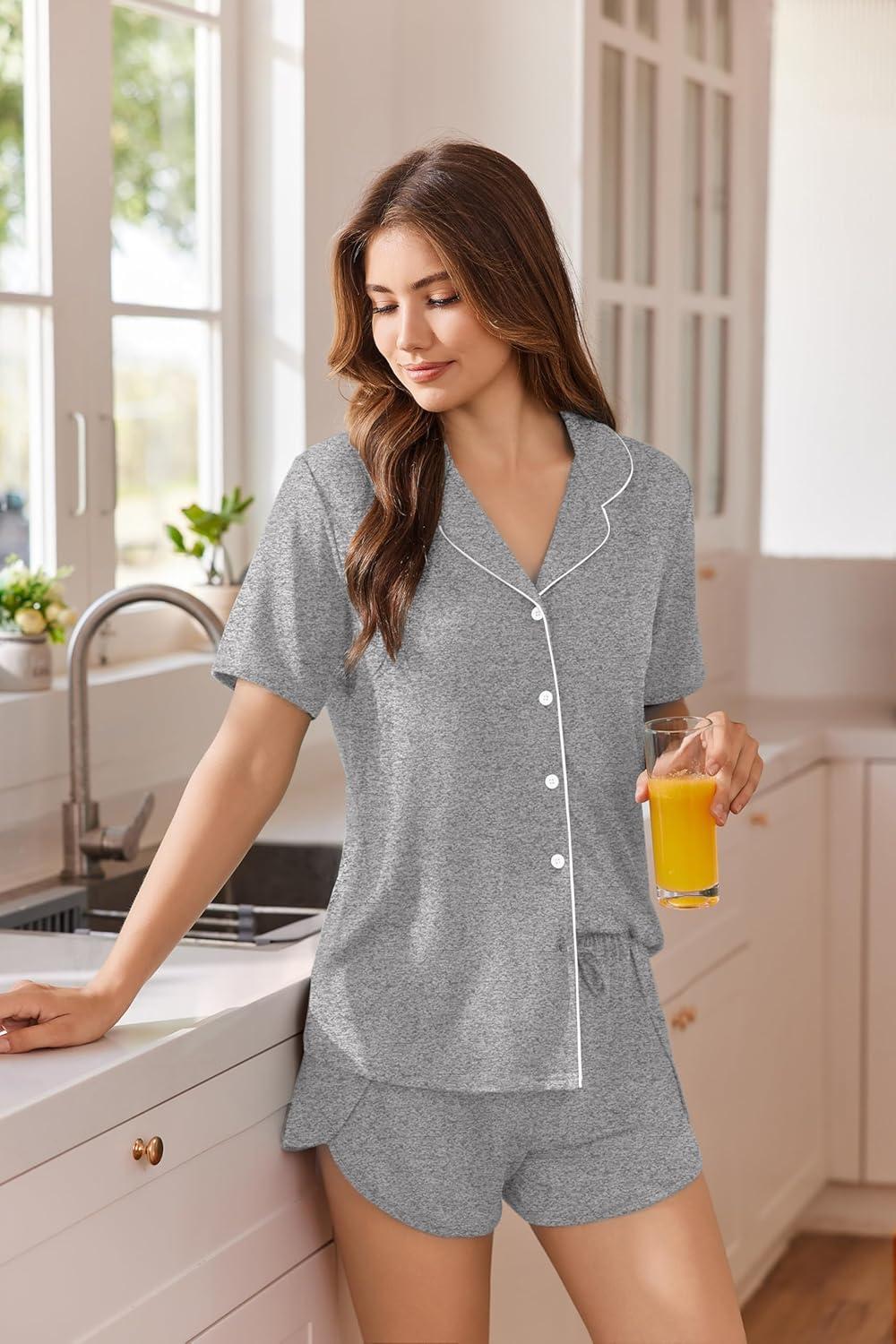 imageEkouaer Pajamas for Women Set Button Up Sleepwear 2 Piece Pjs Lounge Set Short Sleeve NightwearLight Gray
