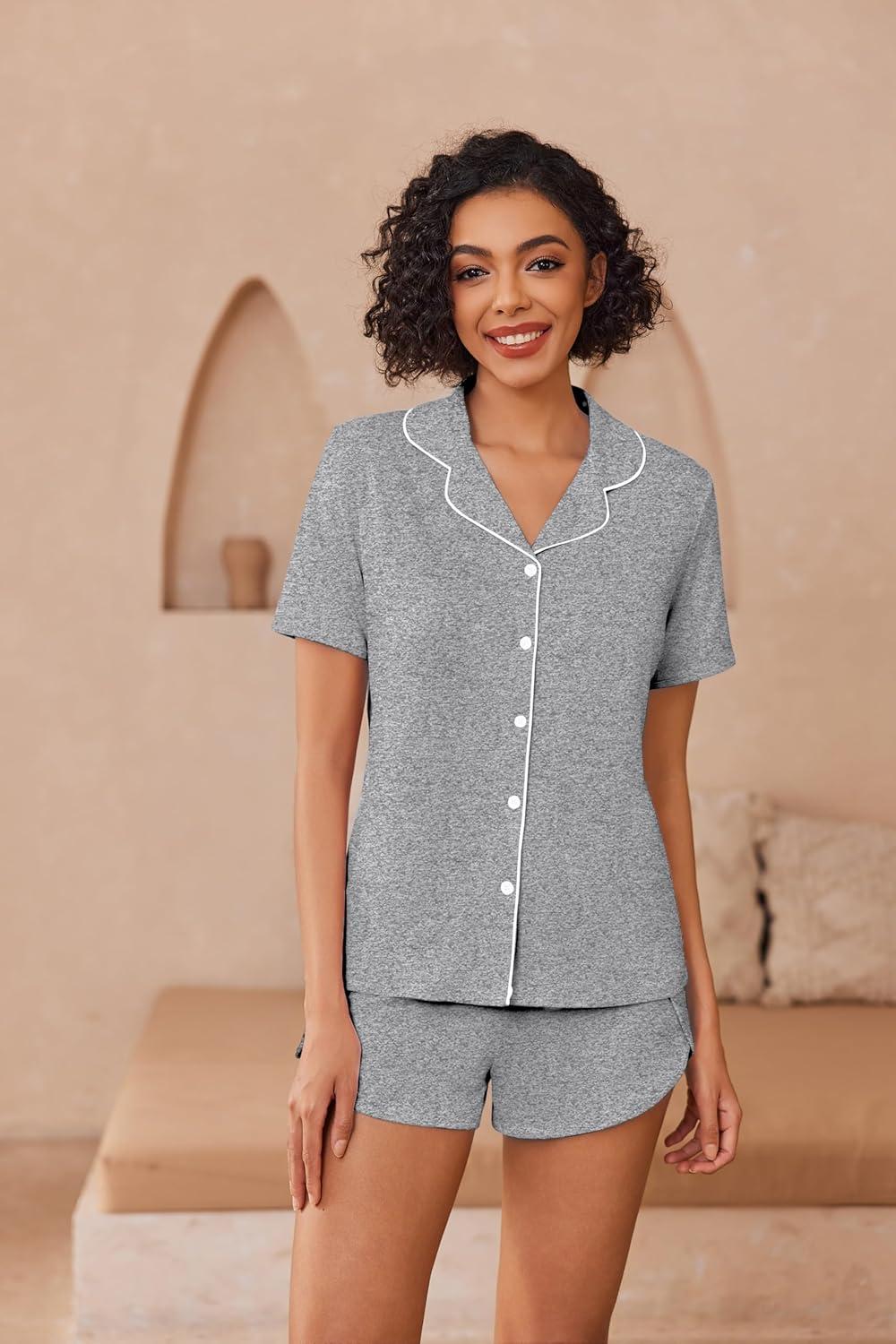 imageEkouaer Pajamas for Women Set Button Up Sleepwear 2 Piece Pjs Lounge Set Short Sleeve NightwearLight Gray
