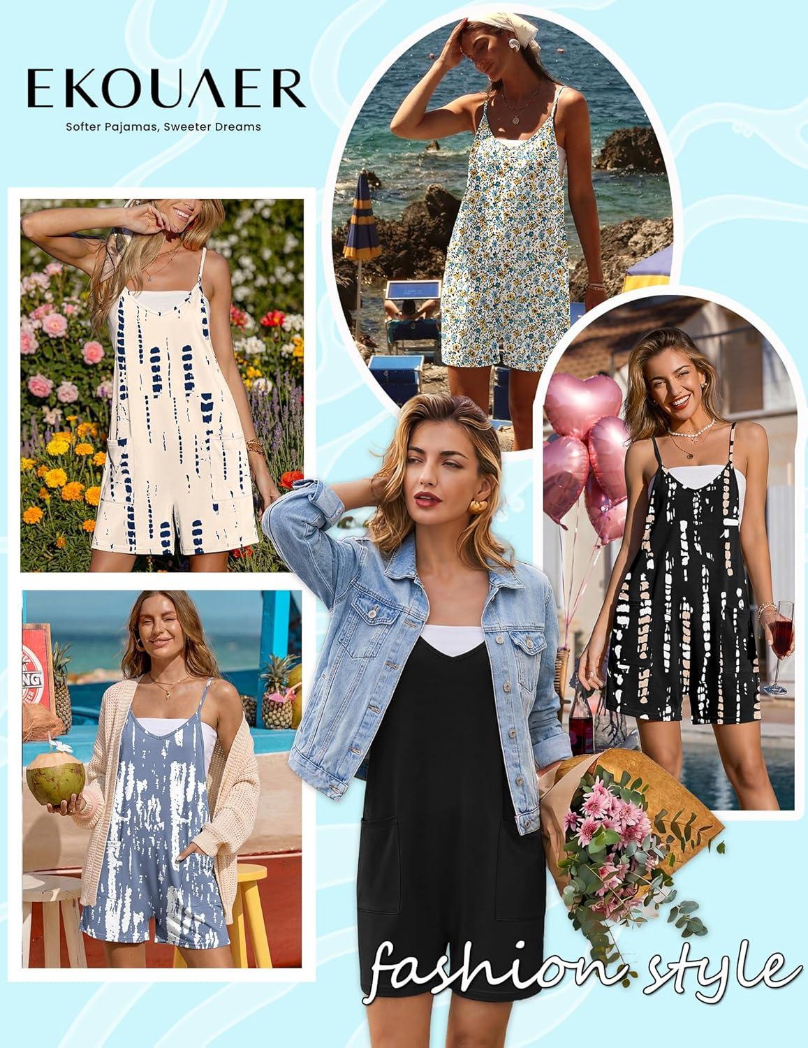 imageEkouaer Rompers for Women Summer Casual Sleeveless Spaghetti Strap Shorts Overalls Jumpsuits Beach Outfits with PocketsWhite Orangefloral