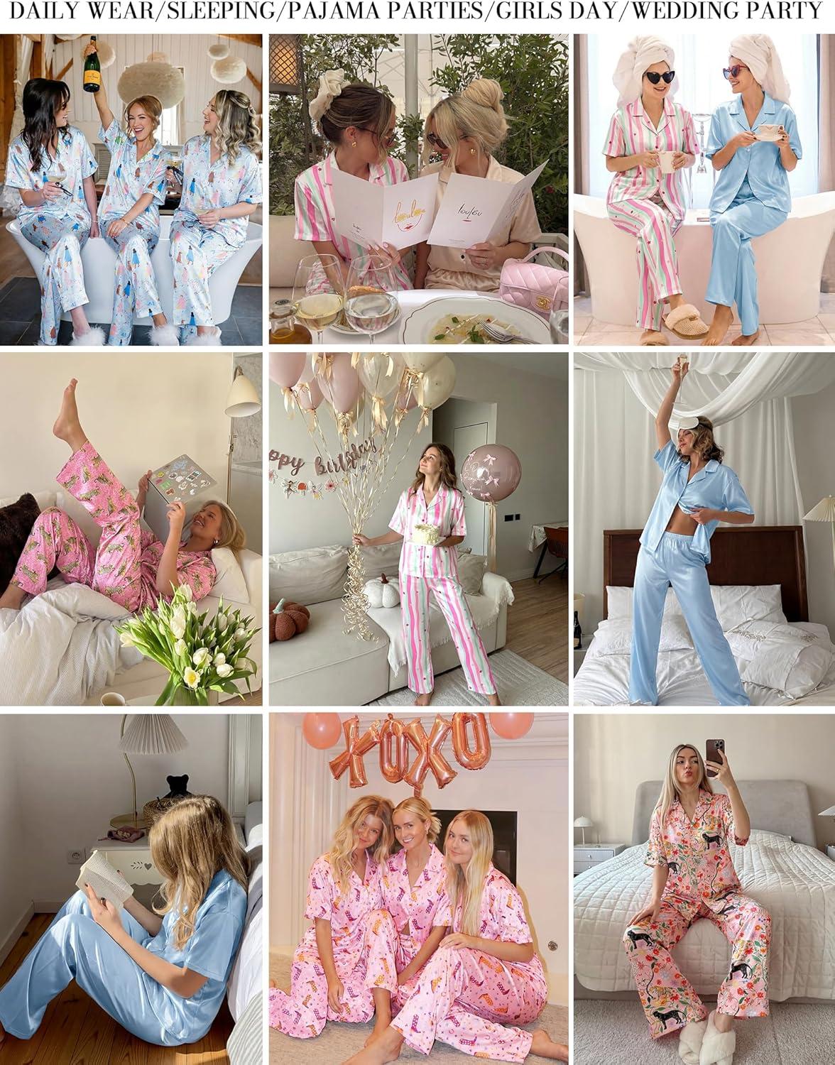 imageEkouaer Silk Satin Pajamas Set Women Short Sleeve Pj Sets Button Down Sleepwear 2 Piece Soft Loungewear SXXLCity Walk